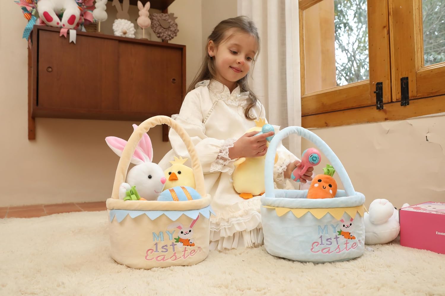 My First Easter Basket Stuffed Plush Playset Baby's First Easter Basket Stuffed Cartoon Bunny Easter Egg Plush Basket for Kids 5pcs (Yellwo)