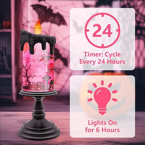 Miniatura 6 de Vela de globo de nieve de Halloween con escena de cementerio rosa, vela LED sin llama con cera de goteo negra, funciona con pilas, decoración de