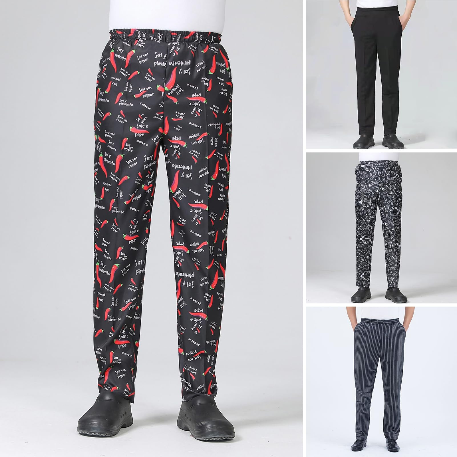 Pantalones de chef con cintura elástica con bolsillo, pantalones de chef, unisex, sueltos, transpirables, elásticos, para servicio de cocinero, restaurante
