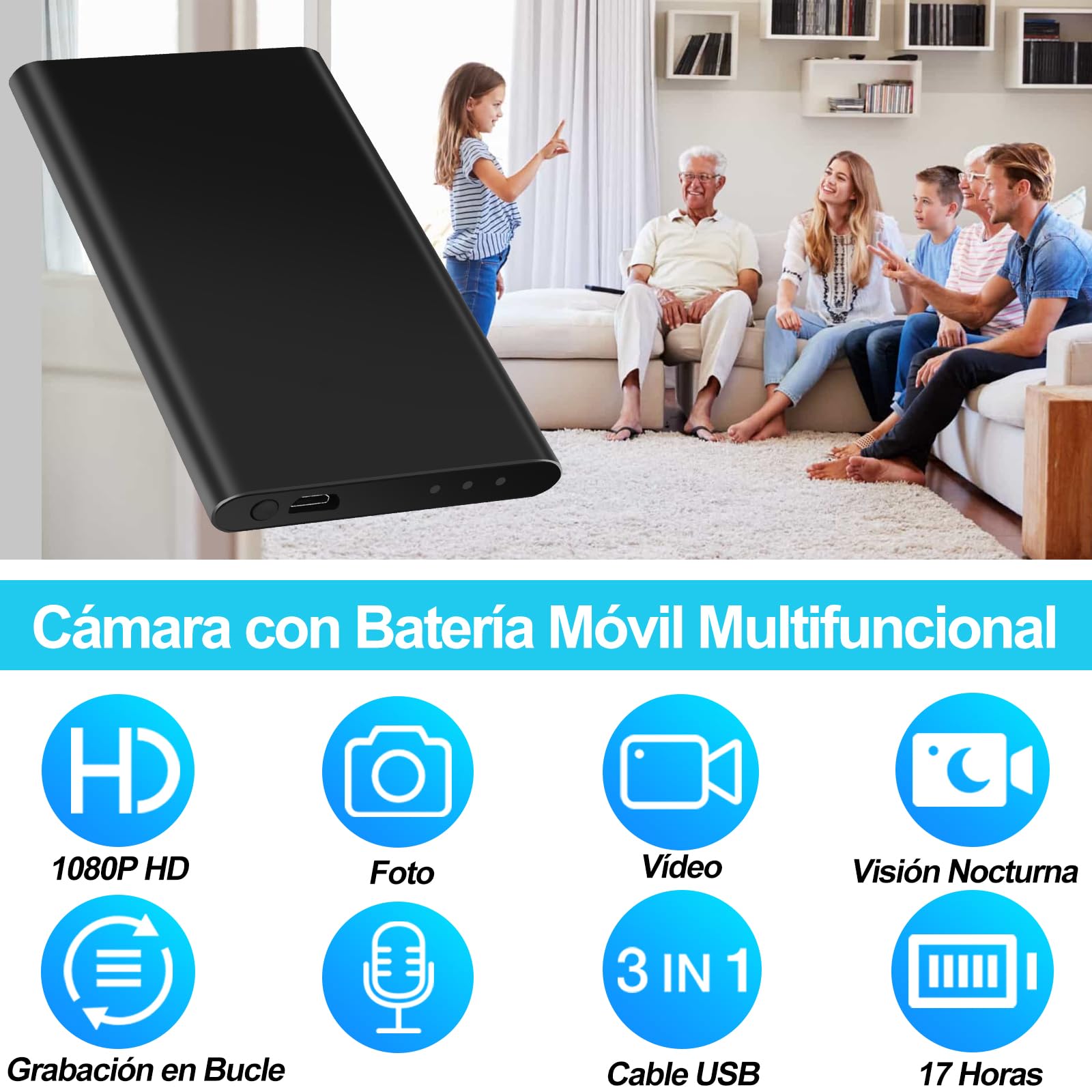 TANGMI Mini Camara Espia Bateria Externa 1080P HD 17h | Vision Nocturna, Deteccion Movimiento, Grabacion Bucle, SD 128GB, Portable, Carga Movil