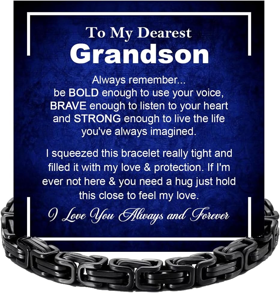 To My Grandson Black Link Bracelet - Birthday Gift for Grandson from Grandpa and Grandma With Message Card and Box, Graduation Gifts