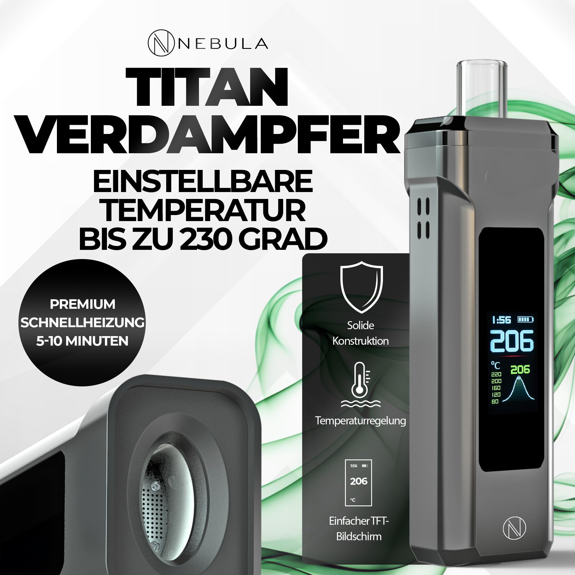 Nebula Titan Premium Verdampfer | Verdampfer Für Lose Getrocknete Kräuter | Verdampfer Mit TFT-Display Für Getrocknete Kräuter | Temperatur Einstellbar Von 0°C Bis 230°C