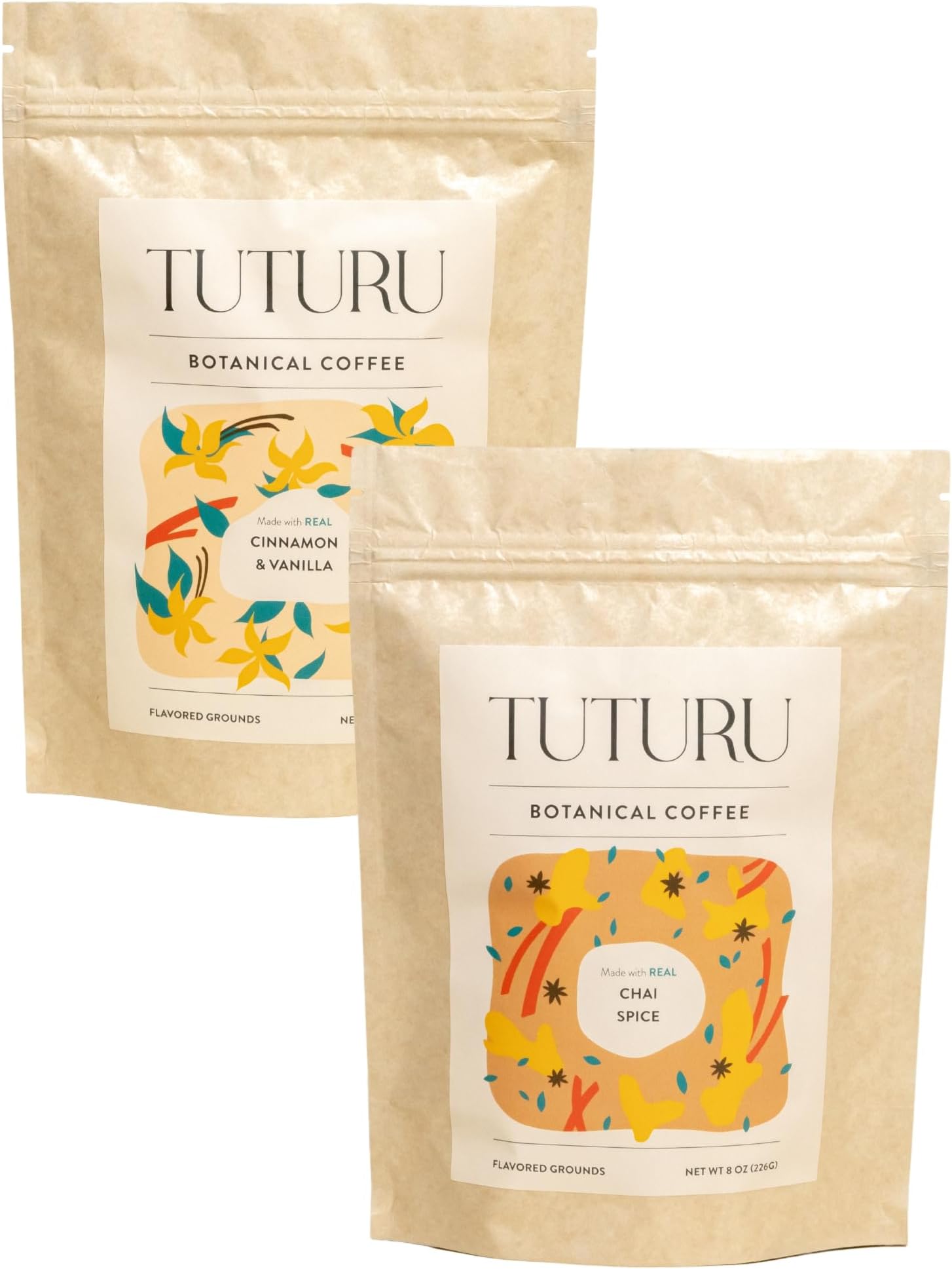 TUTURU Cinnamon Spice Ground Coffee Bundle | Real Cinnamon & Chai Spices | Medium Roast, Organic Coffee | 8oz Compostable