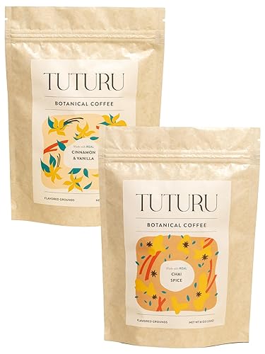 Paquete de café molido con especias de canela, saborizado con canela real y especias chai, tostado medio, café orgánico 8 onzas compostables