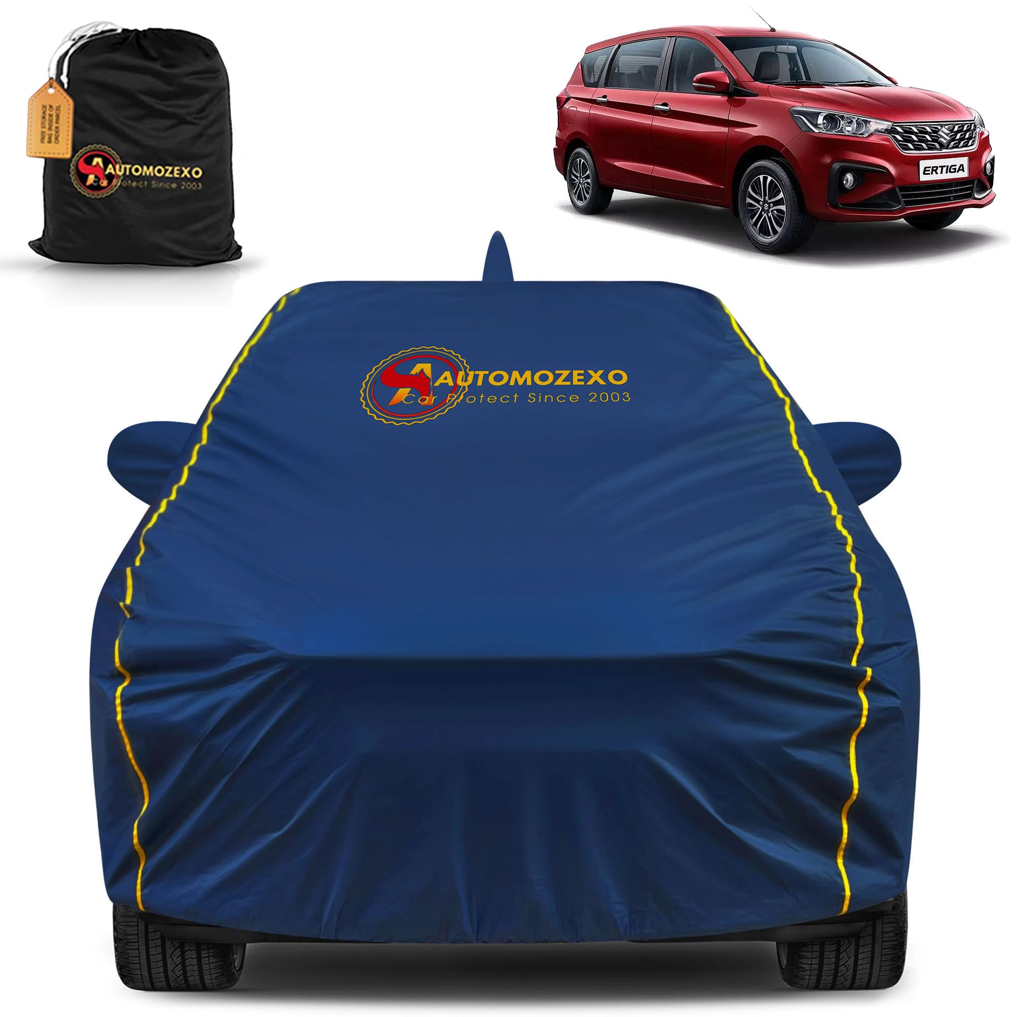 AUTOMOZEXO® Maruti Ertiga 100% Waterproof Car Cover (Midnight Blue) 6LYR HDPE 200gsm Strong Fabric for All Weather Protection, Mirror & Antenna Pocket, Cotton Layer Cover, Adjustable Elastic Straps