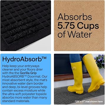 GORILLA GRIP Ultra Absorbent Front Door Mat Outside Entrance, 35x23, Traps Dirt and Moisture, HydroABSORB Indoor Outdoor Doormat Holds Up to 5.7 Cups Water, Stain and Fade Resistant Welcome Mat Black