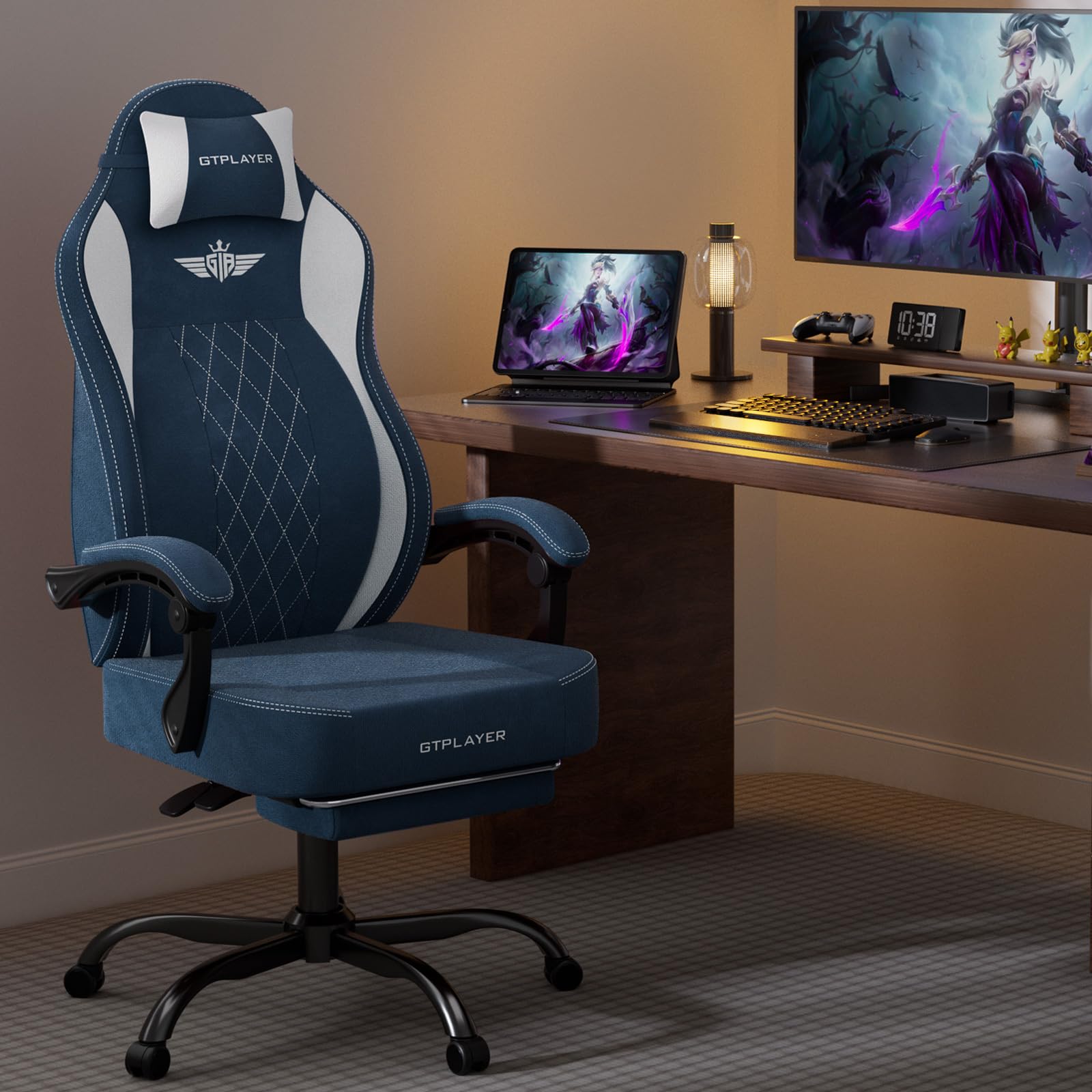 GTPLAYER Sedia da Gaming in Tessuto, Sedia da Ufficio con Supporto Lombare Integrato, da Ufficio, con Cuscino a Molla e Poggiapiedi, Schienale Ispessito, ergonomica per blu