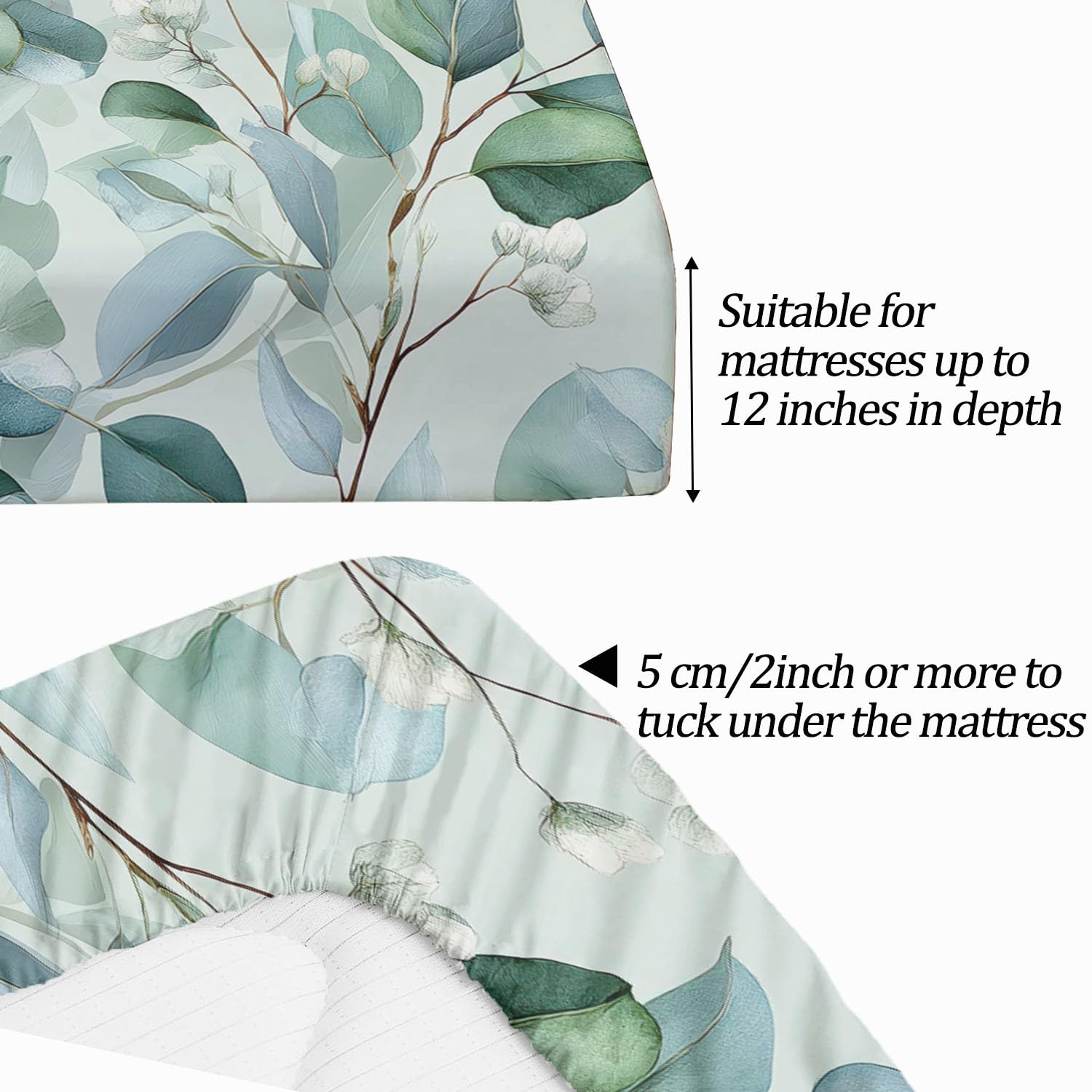 Drap Housse Vert Feuilles Plantes de à l'aquarelle - Drap-Housse Microfibre Brossée,Antidérapant Ajustable Housse Matelas 180 x 240 avec 2 Taie d'oreiller 65x65, pour Adolescents et Adultes