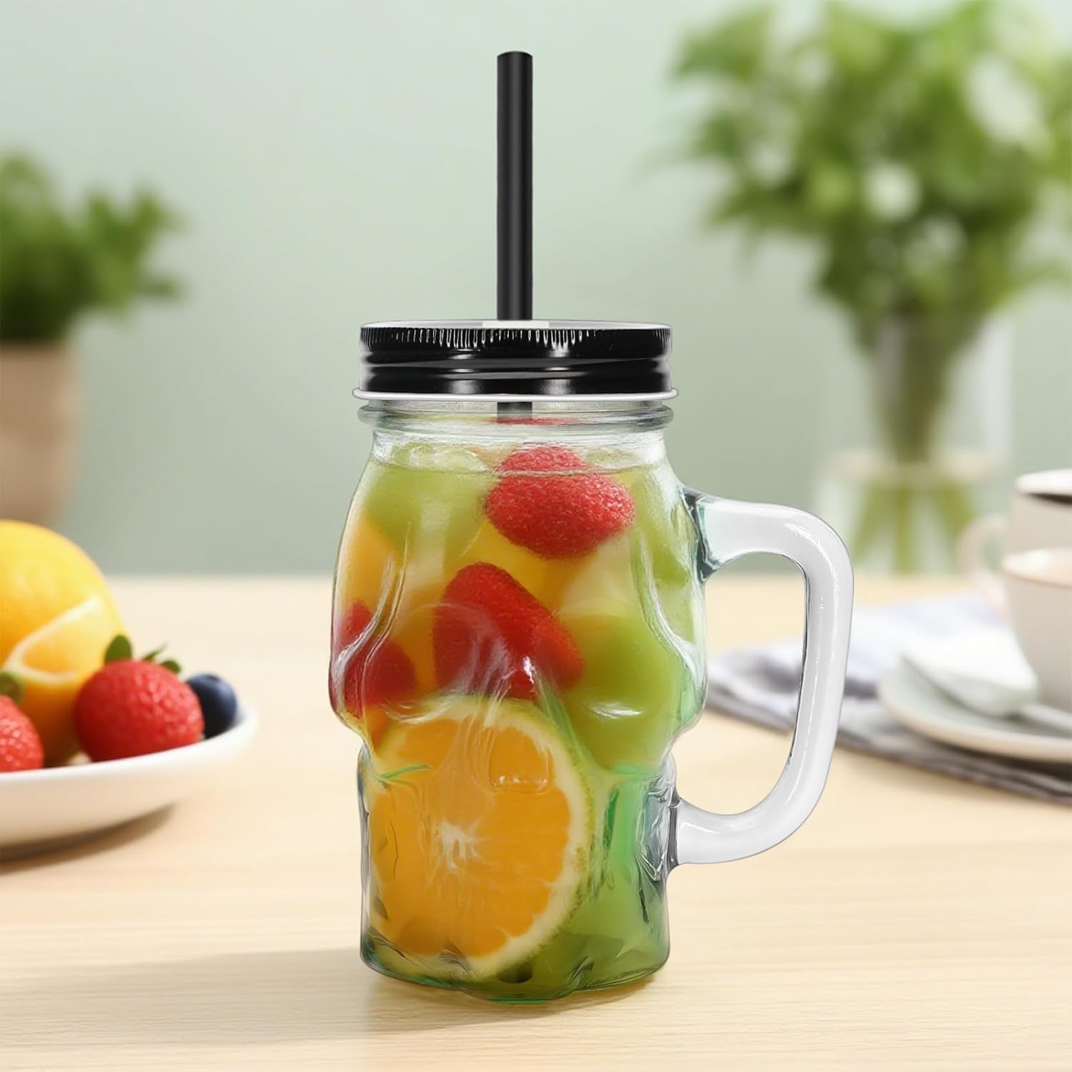 Skull Mason Jars with Handle, 16 Oz Glass Beer Mugs Gothic Wide Mouth Tumbler Cup with Straws and Lids, Novelty Pub Bar Mug Halloween Drinking Glasses for Beverage, Liquor, Mix Cocktail (4, Clear) - Image 6