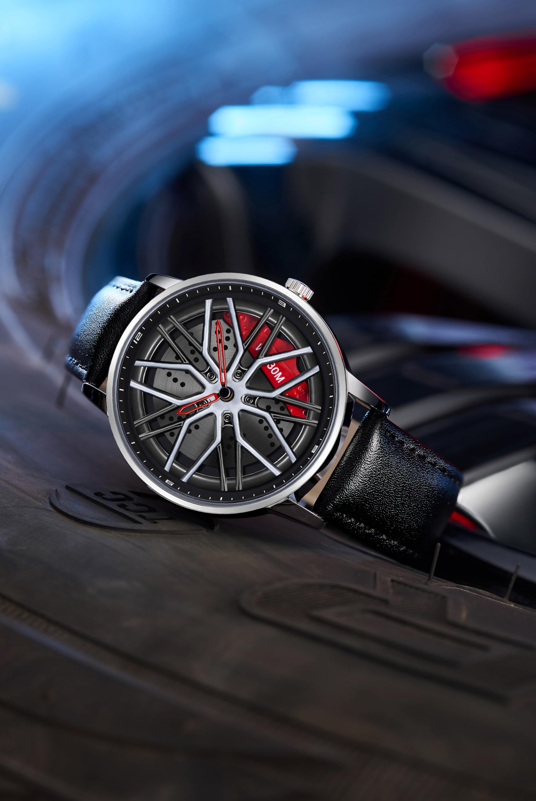 MASTOP - Reloj de coche para hombre, diseño hueco, resistente al agua, cuarzo analógico, correa de acero inoxidable, apto para hombres y amantes del coche