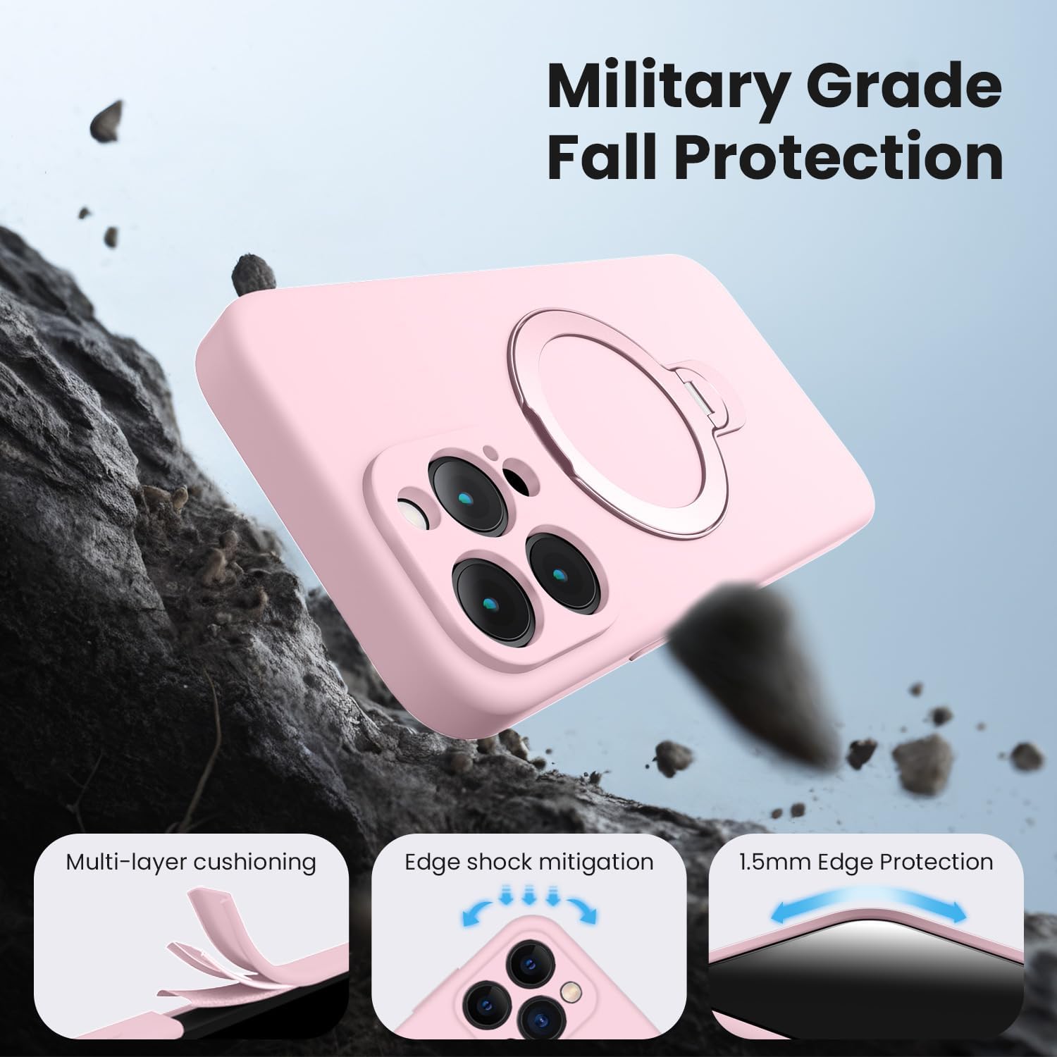 Designed for iPhone 15 Pro Case with 360° Rotating Magnetic Stand, [Compatible with Magsafe] [Military Protection], Slim Full Camera Protection Liquid Silicone Case, 6.1 inch, Chalk Pink
