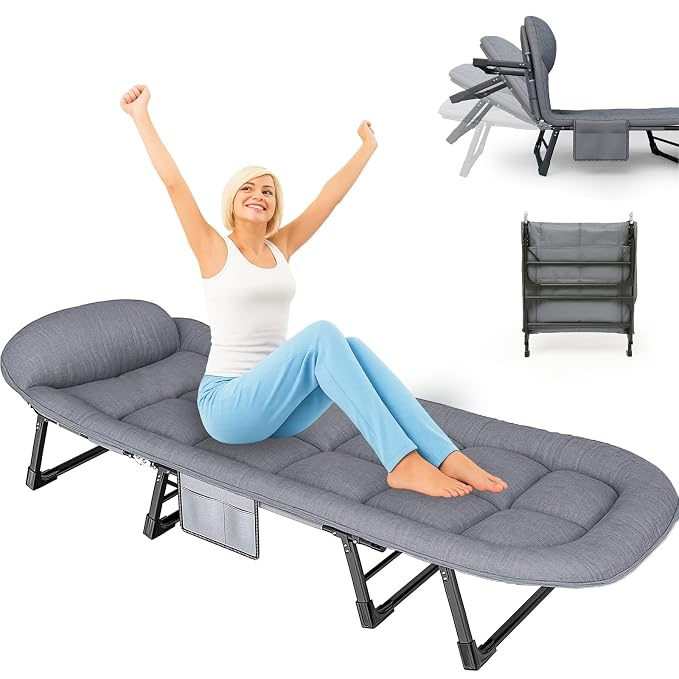 SnozeFlex Chaise Lounge Chair, Folding Cot, 6-Angle Adjustable Camping Cot with Mattress for Patio and Beach, Foldable Bed Portable Heavy Duty Lay Flat Reclining with Pillow (Gray, M - 70'')