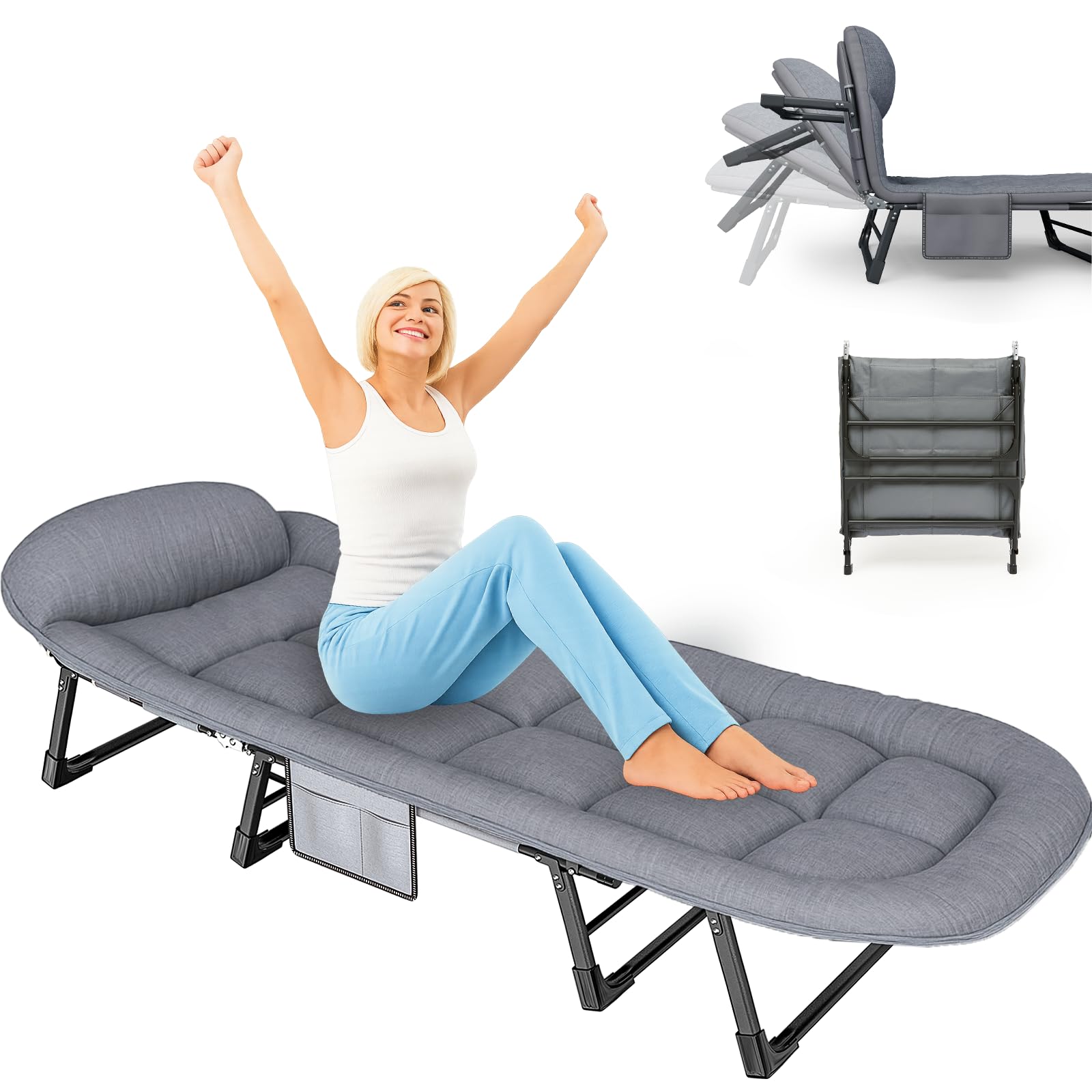 SnozeFlex Chaise Lounge Chair, Folding Cot, 6-Angle Adjustable Camping Cot with Mattress for Patio and Beach, Foldable Bed Portable Heavy Duty Lay Flat Reclining with Pillow (Gray, M - 70'')
