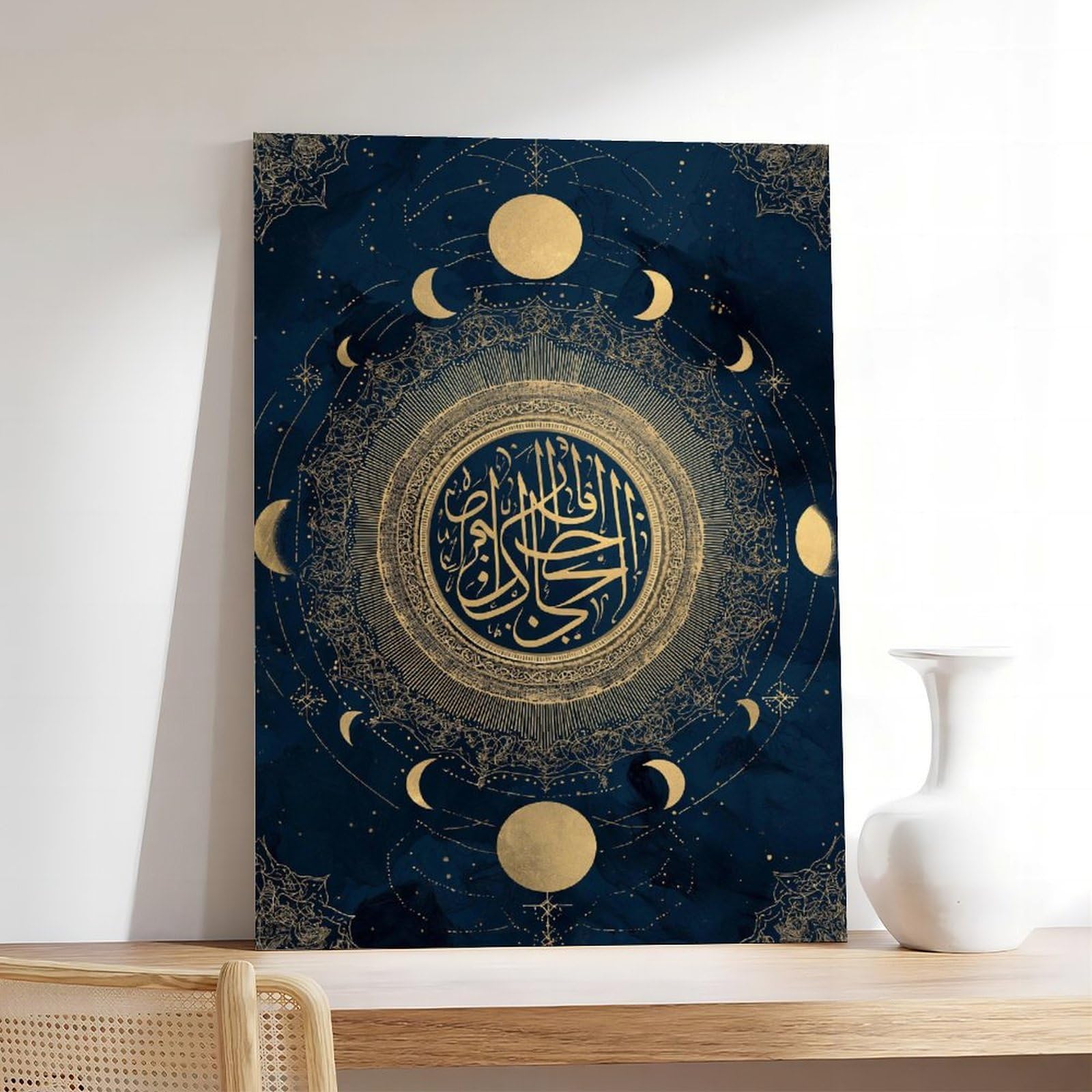 YWTJAX Poster su tela con fasi lunari, color oro, blu navy, per la