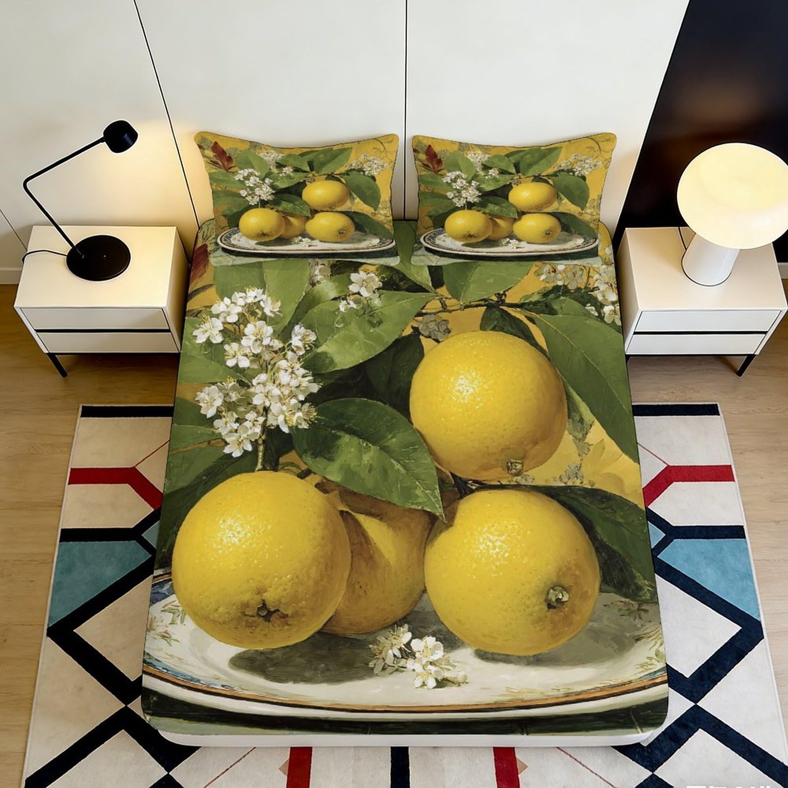 3D Printed Lemon Blossom Fitted Sheet Microfiber Soft Yellow Fruit Bed Cover for Bedroom Dorm Decor Protection 90x200x25cm