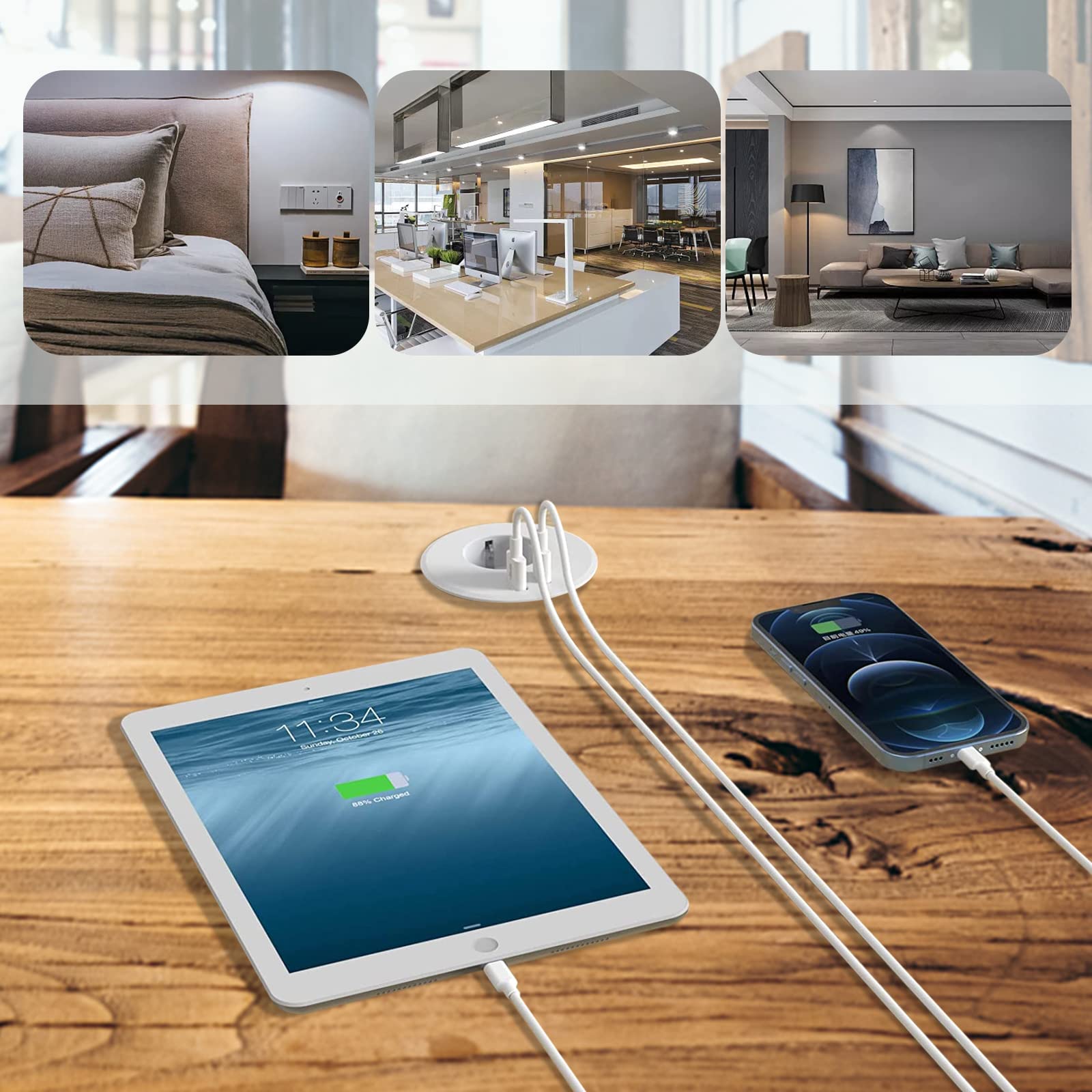 Enchufe empotrable con USB, Enchufe de mesa oculto con cubierta Equipado con 1 enchufe Schuko, 1 puerto USB-C, 1 puerto USB-A y 1,5m de cable de alimentación, enchufe de mesa para agujero de mesa de
