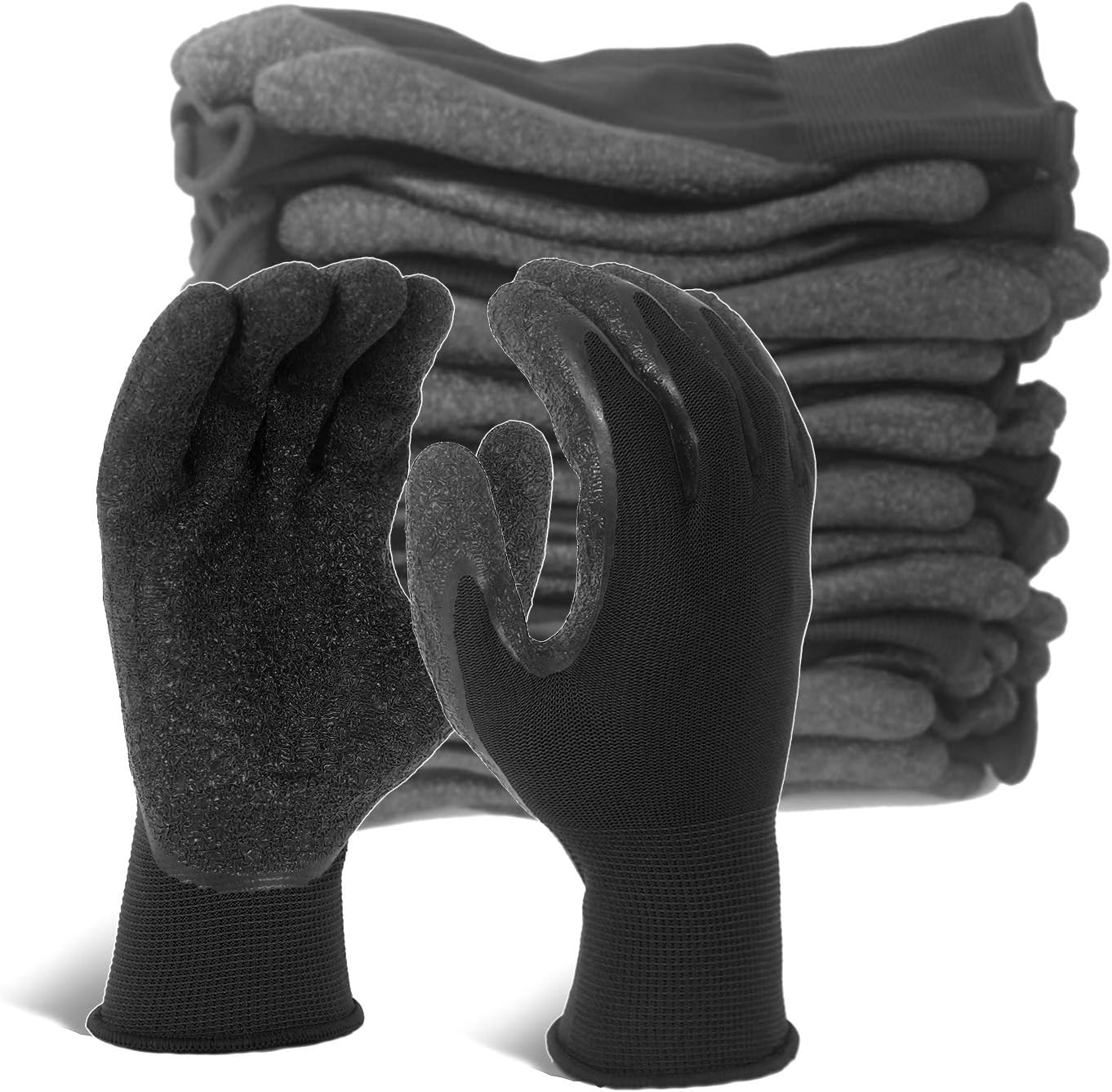 Evridwear Crinkle Latex Rubber Hand Coated Safety Work Gloves for Men Women General Multi Use Construction Warehouse Gardening Assembly Landscaping,Black Medium 12 Pairs Pack