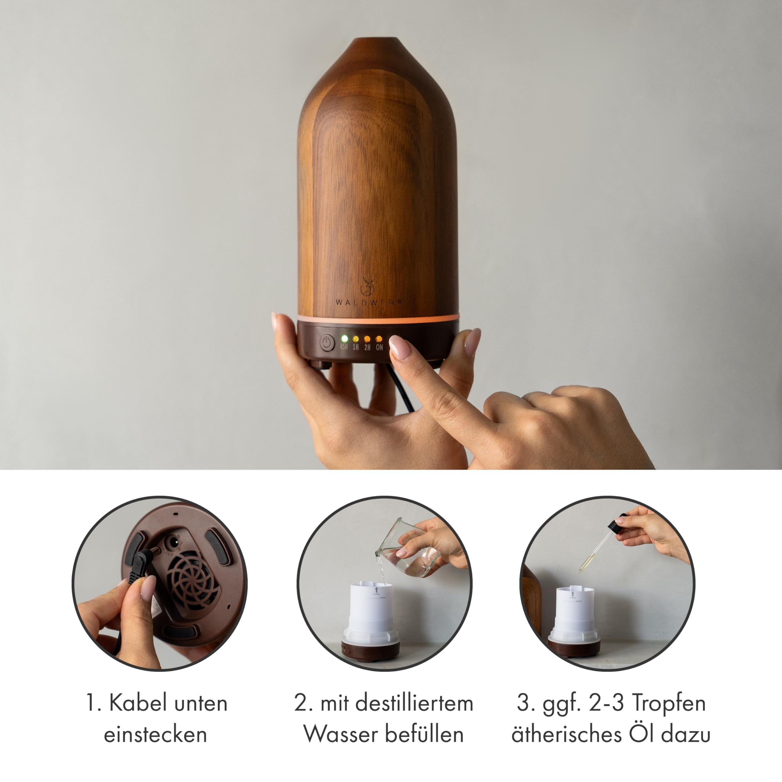 WALDWERK Diffuser (100ml) aus edlem Akazienholz - Aroma Diffuser für ein angenehmes Raumklima - Diffuser für Ätherische Öle - Duftöl Diffuser - Duftlampe für Aromatherapie - Luftbefeuchter