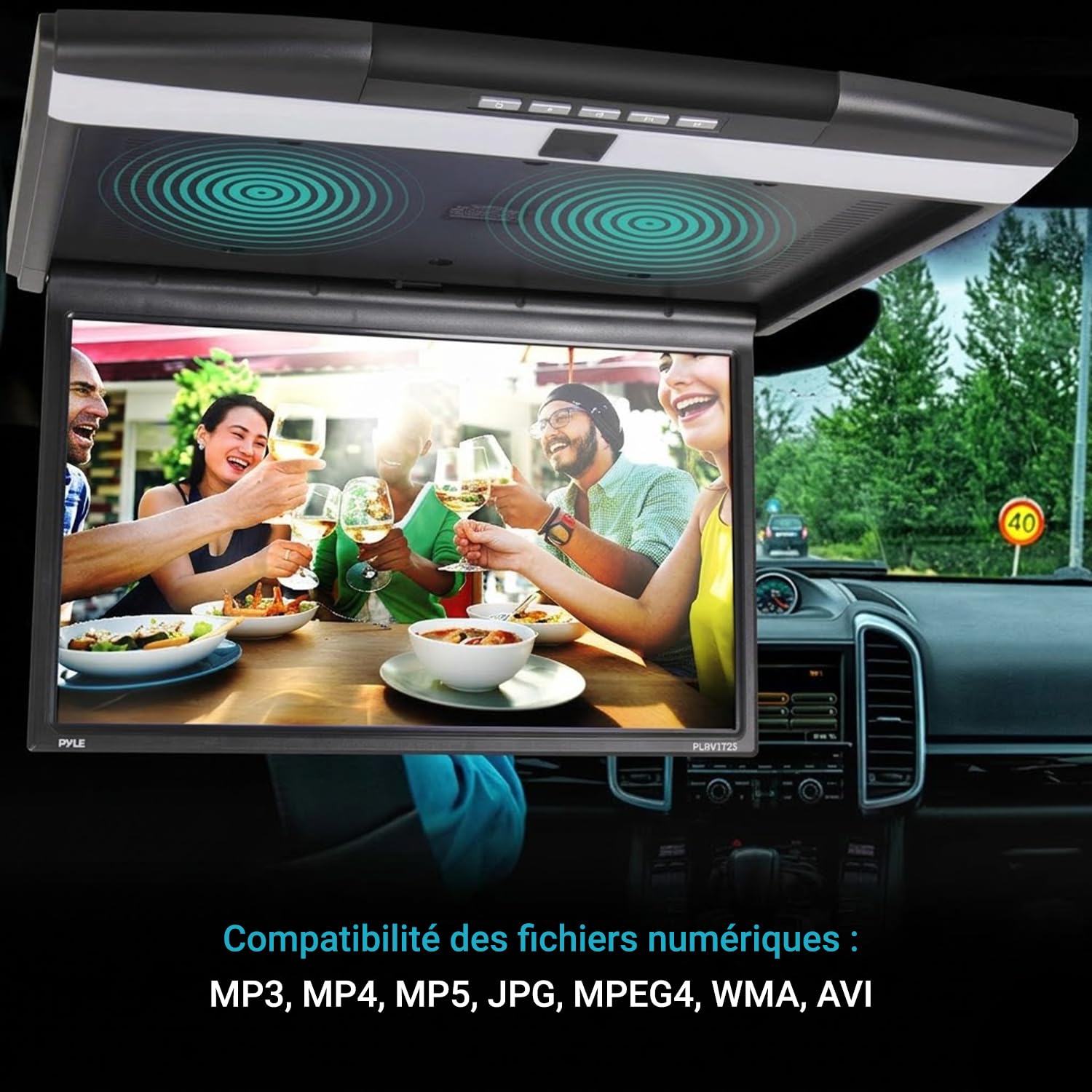 Pyle Écran Plafonnier Voiture 17,3 Pouces LCD Rabattable - Moniteur de Toit HD 1080p avec HDMI, USB, Micro SD, Émetteur IR pour Casque sans Fil, FM, Haut-Parleurs Intégrés, Télécommande