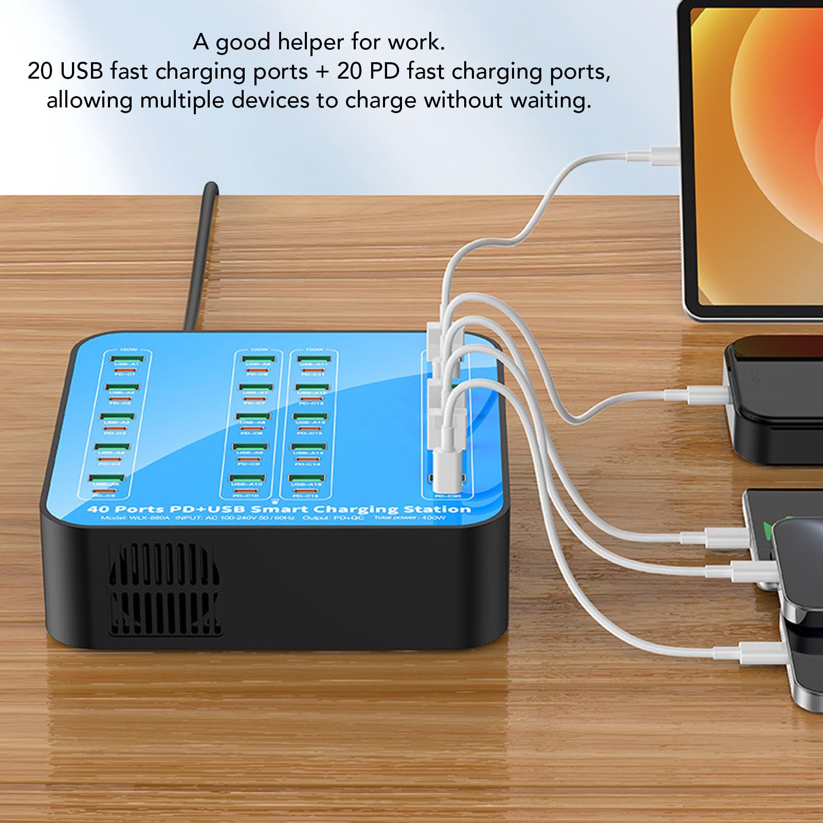 Station de Chargement USB, Chargeur Multi-périphériques 400W 40 Port avec 20 Ports USB 20 PD, Bloc de Chargeur USB C pour Smartphones Tablettes Ordinateurs Portables (Prise UE)