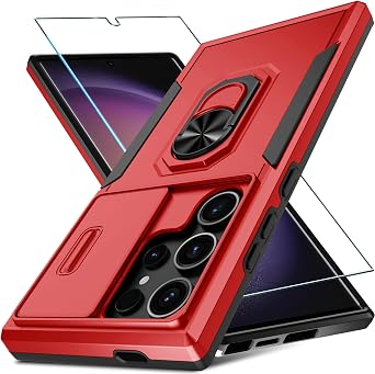 Compatible with Samsung Galaxy S24 Ultra Case Built in Slide Camera Lens Cover+Screen Protector+Ring Holder,Heavy Duty Shockproof Full Body Phone Cover,2024 Red