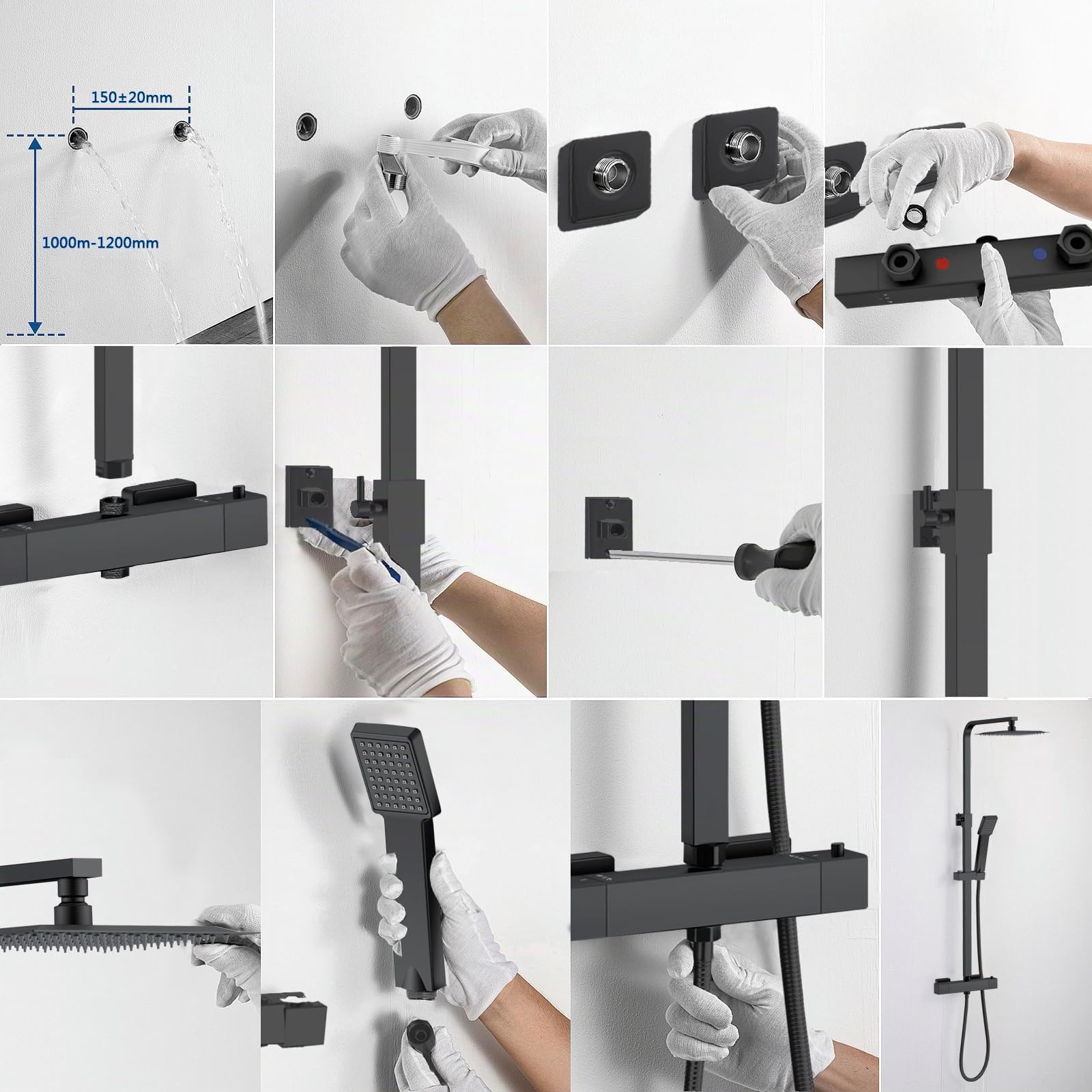 AICA Colonna Doccia con Miscelatore, Saliscendi Doccia Altezza Regolabile 80cm-120cm, Colonna Doccia con Soffione e Doccetta Quadrata 22x6.4cm, Miscelatore Termostatico Doccia in Acciaio Inox Nero