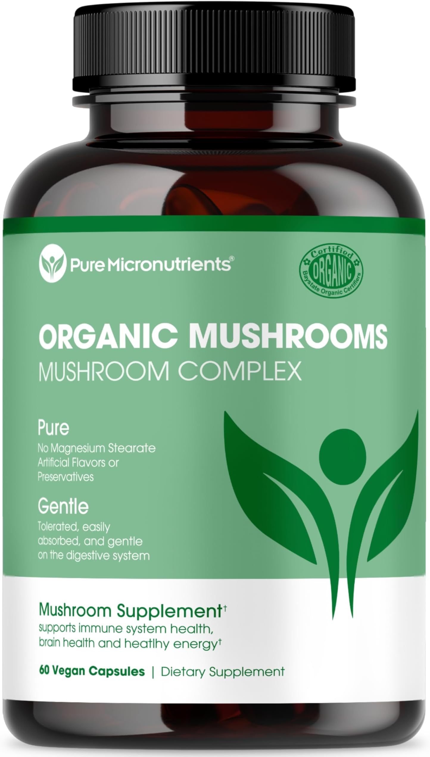 Pure Micronutrients Organic Mushroom Supplement - Lions Mane, Reishi, Chaga, Cordyceps & Turkey Tail Complex - Immune Support, Nootropic Brain Memory, Focus & Energy Pills - 60 Vegan, USA Grown