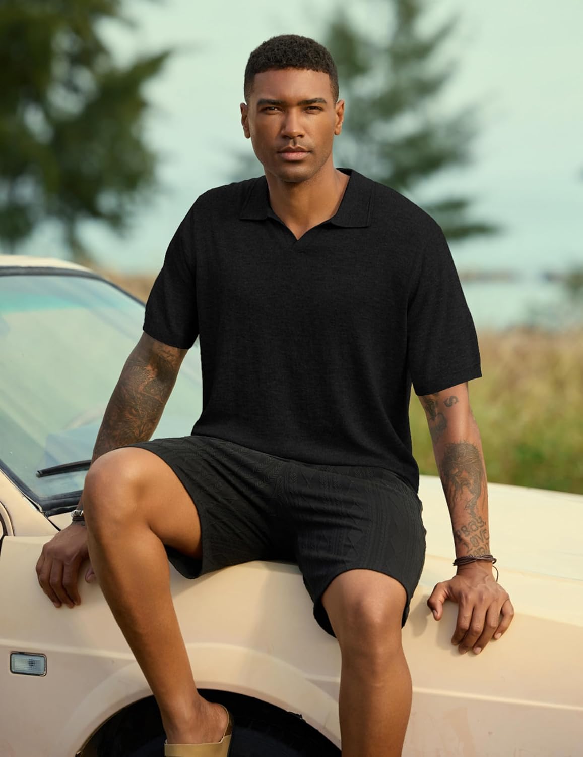 JMIERR Mens Wool Blend Polo Shirts Short Sleeve V Neck Knit Summer Casual Polos - Image 4