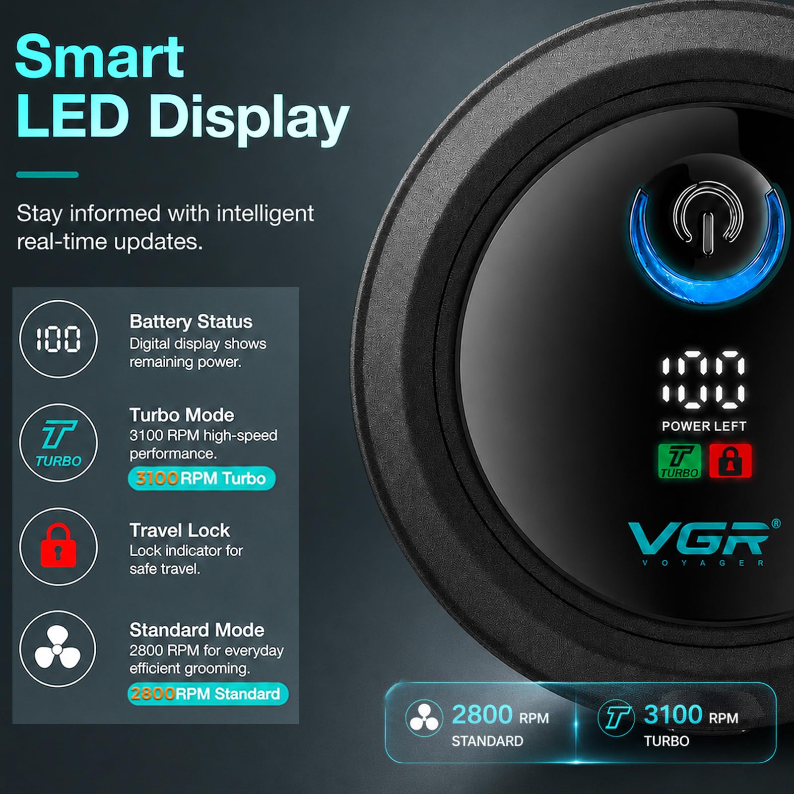 VGR 373 Rasoio per Testa Uomo, Rasoio per Calvi con Testina Flottante 6D, Blocco di Sicurezza da Viaggio, Ricarica USB, Display LED, Impermeabile IPX5 per Rasatura a Secco e Bagnato