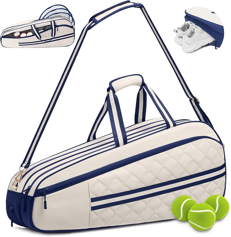 Sucipi Quilted Tennis Bag for Women & Men, Holds 3‑6 Tennis Rackets | Padded protection, shoe compartment, insulated pocket, wet-dry separation, shoulder or hand carry for training and daily use
