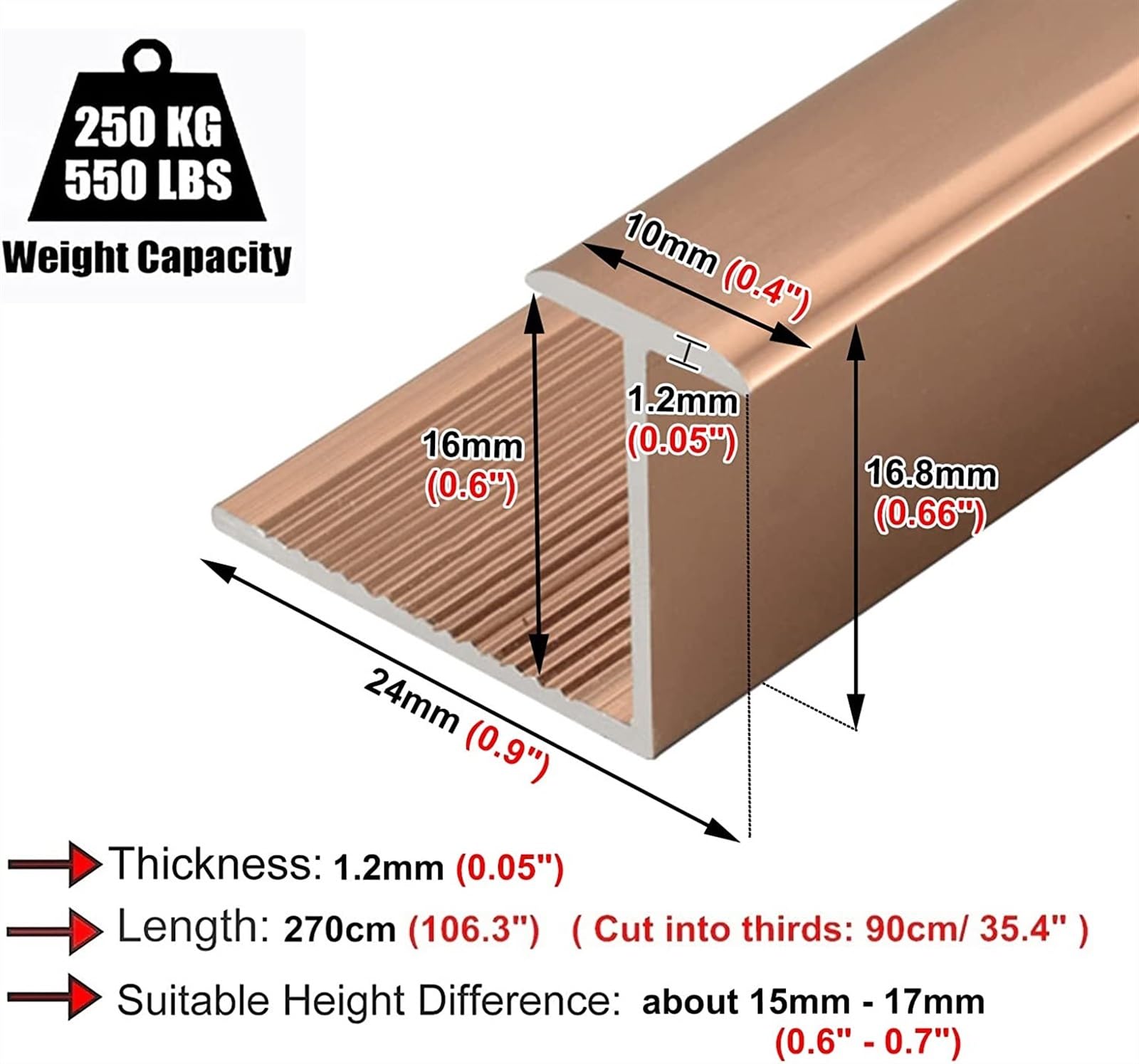 KEuLen Profilo di Transizione, Striscia di Soglia, Striscia di Transizione in Alluminio for Pavimenti Pavimenti in Laminato, soglie di Spazio Personalizzabili(Rose Gold,1cmx1.6cm)