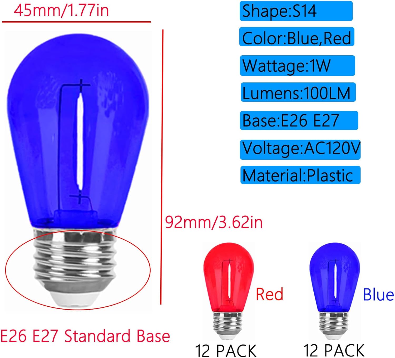 24 Pack S14 Colored LED Bulbs 1 Watt Plastic Shatterproof Waterproof Red and Blue Multi-Color Christmas String Light Bulb E26 Base Outdoor Indoor Replacement Bulbs for Holiday Party Wedding