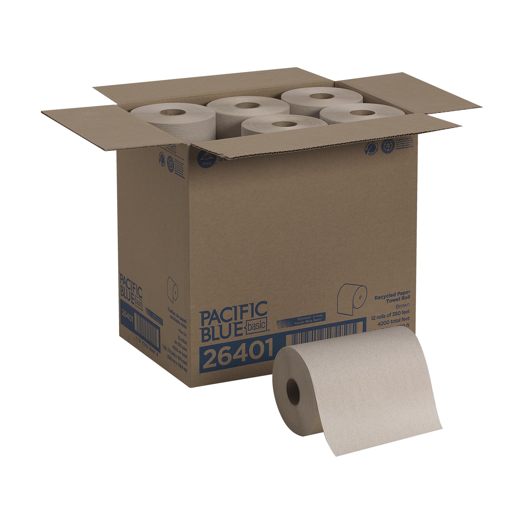 Georgia-Pacific Pacific Blue Basic Recycled Paper Towel Roll (Previously Branded Envision) by GP PRO (Georgia-Pacific), Brown, 26401, 350 Feet Per Roll, 12 Rolls Per Case