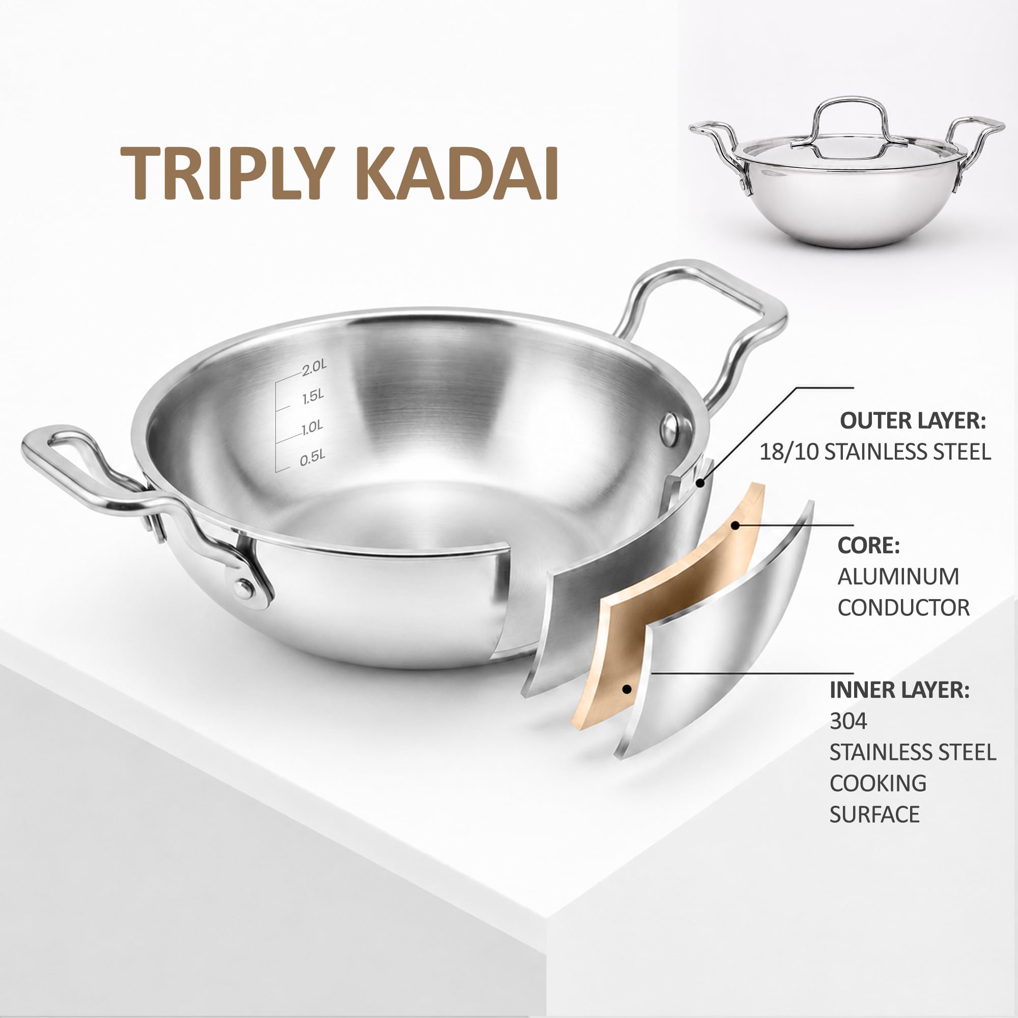 SOLARA Triply Stainless Steel Kadai with SS Lid 30 cm, Tri Ply SS Kadhai, Heavy Bottom Induction Base Cookware, Stainless Steel Cooking Pot for Frying, Sauteing, Curry — Amazon image 2