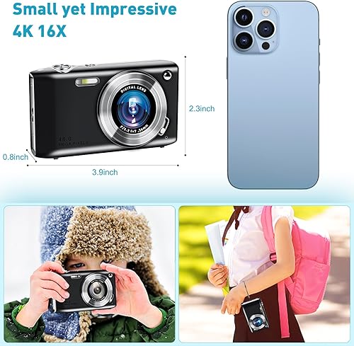 Miniatura 3 de Cámara digital de apuntar y disparar de 48 MP con modo macro, cámara digital compacta 4K HD con flash, zoom de 16x, antivibración, pantalla IPS de