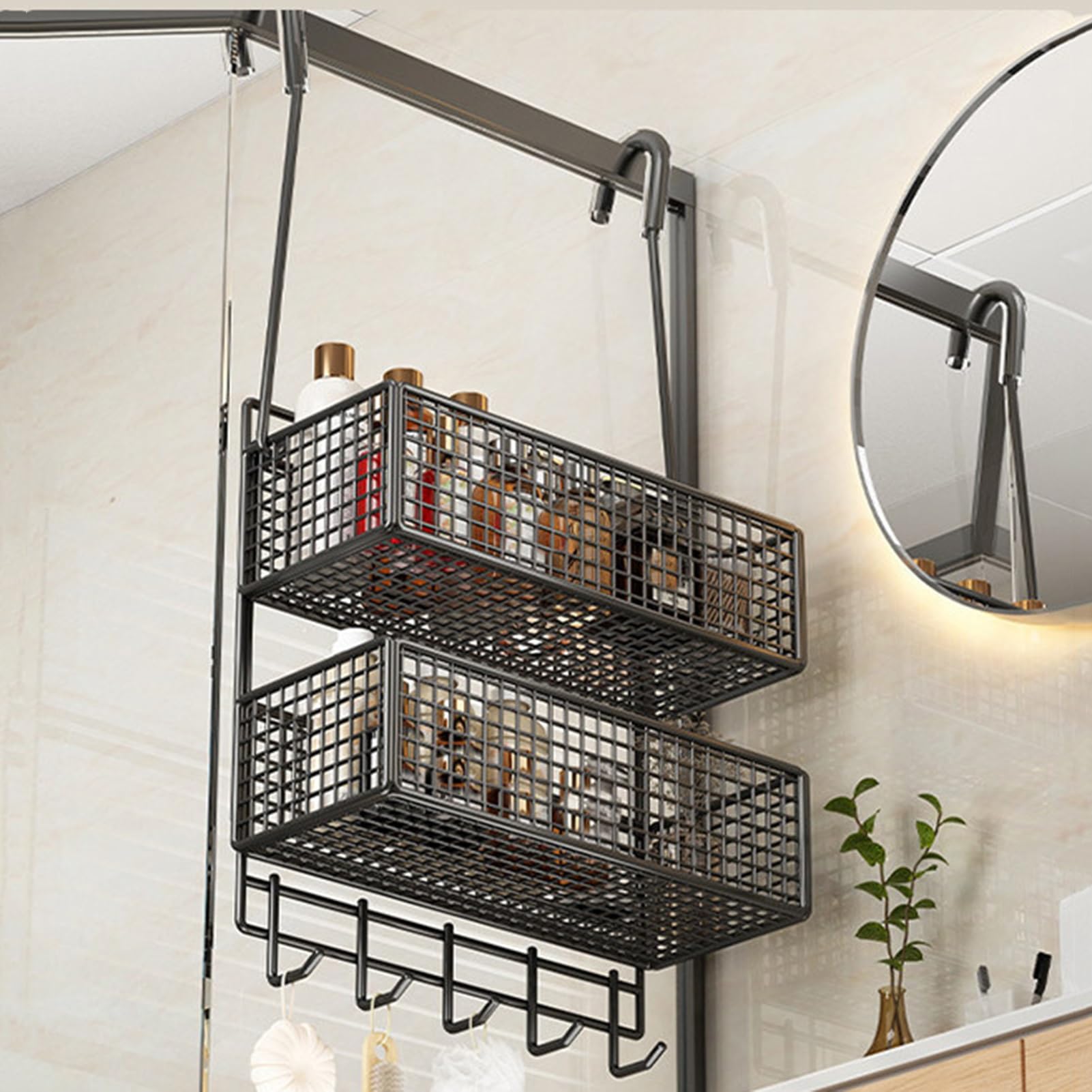 Organizzatore per ripostiglio in Metallo da Appendere alla Porta, con Tasche a Scomparsa e 5 Ganci, per Camera da Letto e Bagno (Bianco, 26x15x33+13+7cm)
