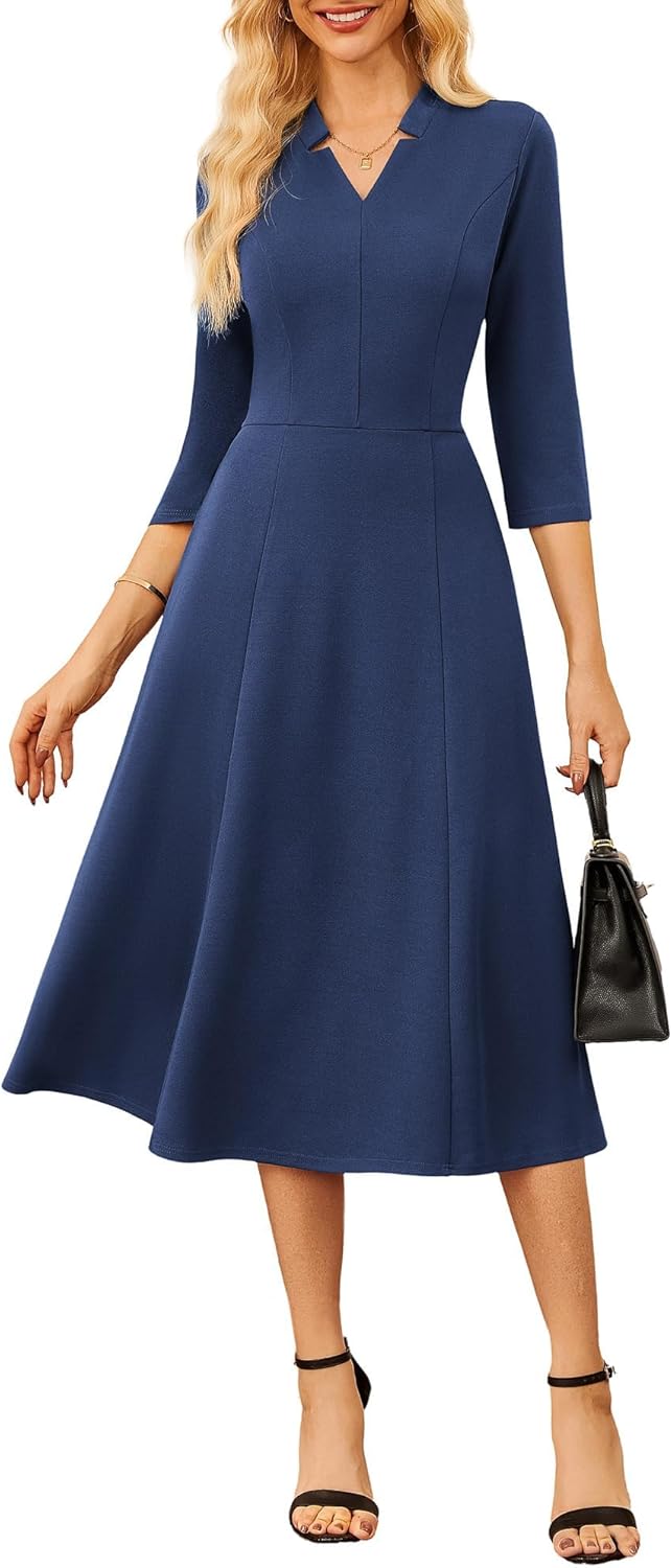 GRACE KARIN Work Dresses for Women 2025,Midi Business Dress,3/4 Sleeve Classy Fit and Flare Dress with Pocket