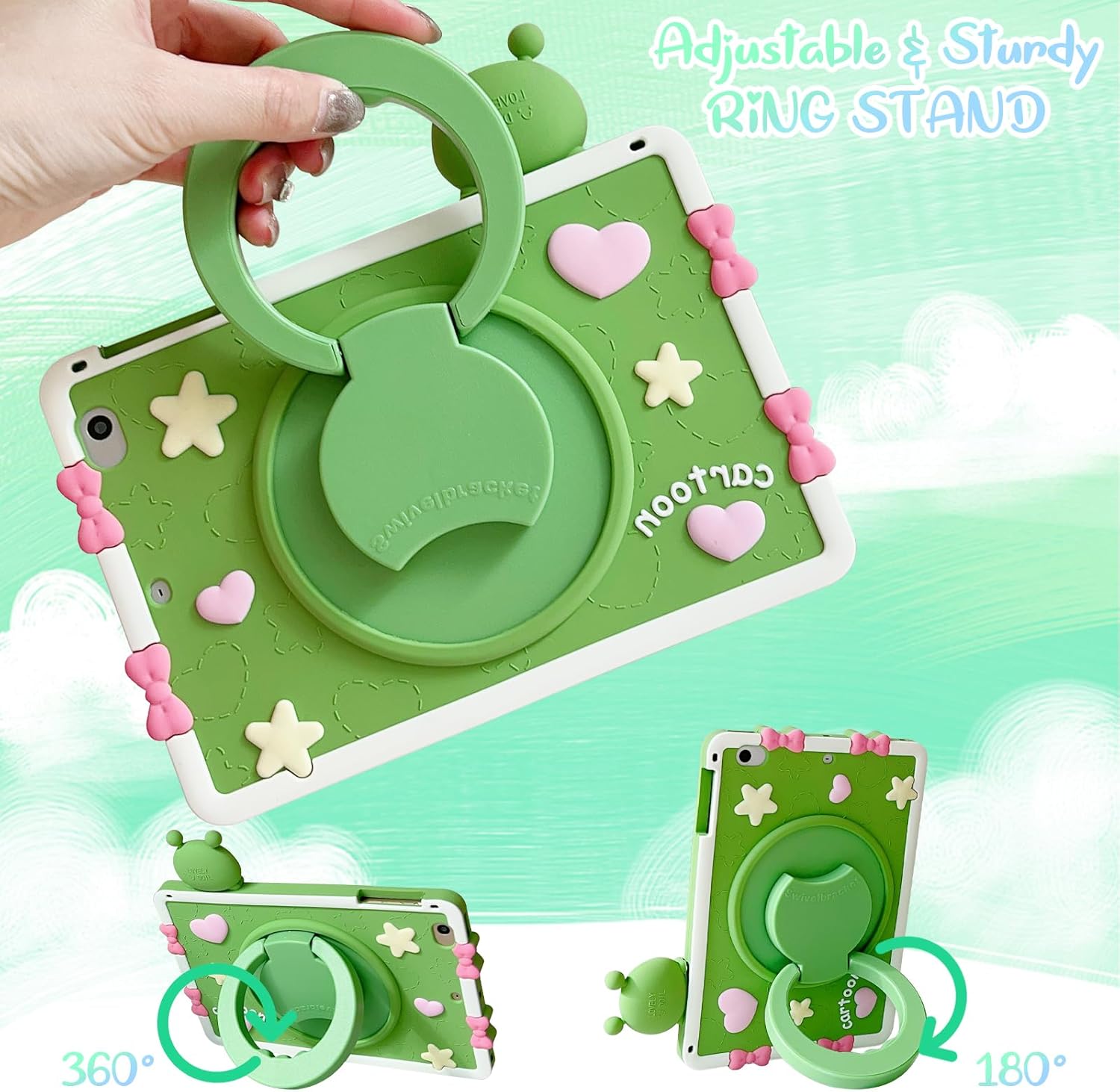 Kids Case for iPad 9th/8th/7th Gen 10.2" (2021/2020/2019),iPad Air 3rd Gen 10.5 inch 2019/ iPad Pro 10.5" 2017, UUcovers 360° Rotating Ring Handle Stand Cover with Shoulder Strap, Green Frog Duck