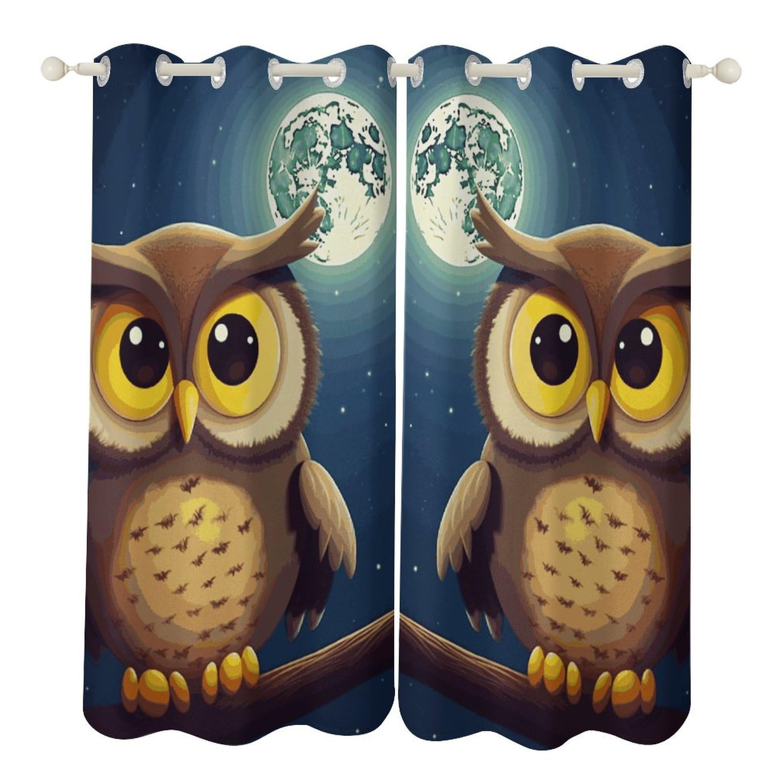 Rideaux occultants haut de gamme motif hibou lune jaune en tissu lourd