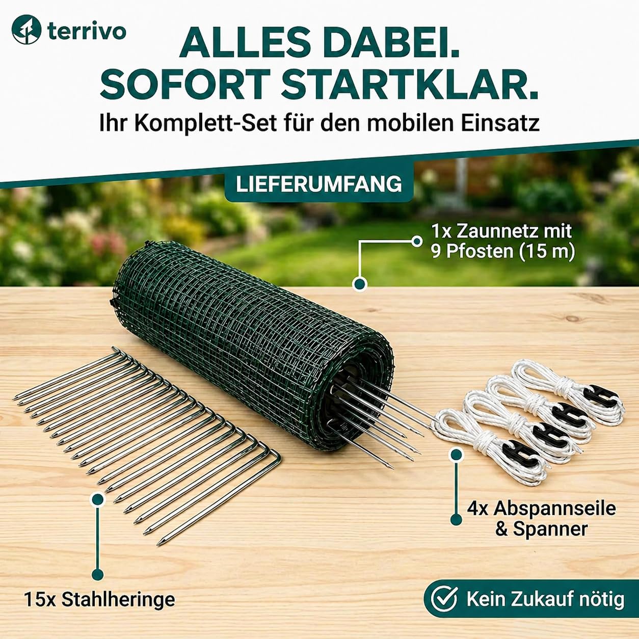 Mobiler Hundezaun 20m - Weidezaun ohne Strom - Campingzaun, Begrenzungszaun, Gartenzaun, Hühnerzaun, Schafzaun 90cm hoch mit Zubehör (20m)