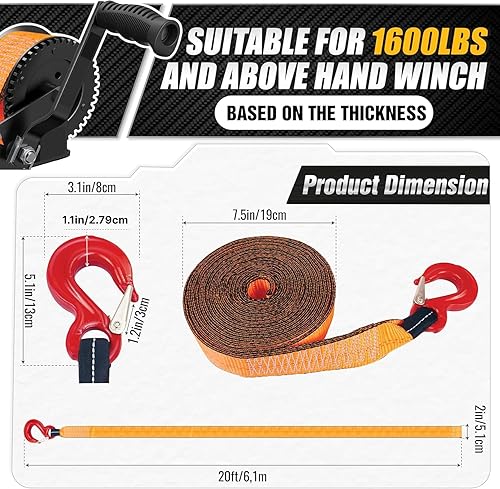 Miniatura 6 de Premium Correa de cabrestante para remolque de barco con gancho de acero de cena, resistencia a la rotura de 15,000 libras, correa de cabrestante de