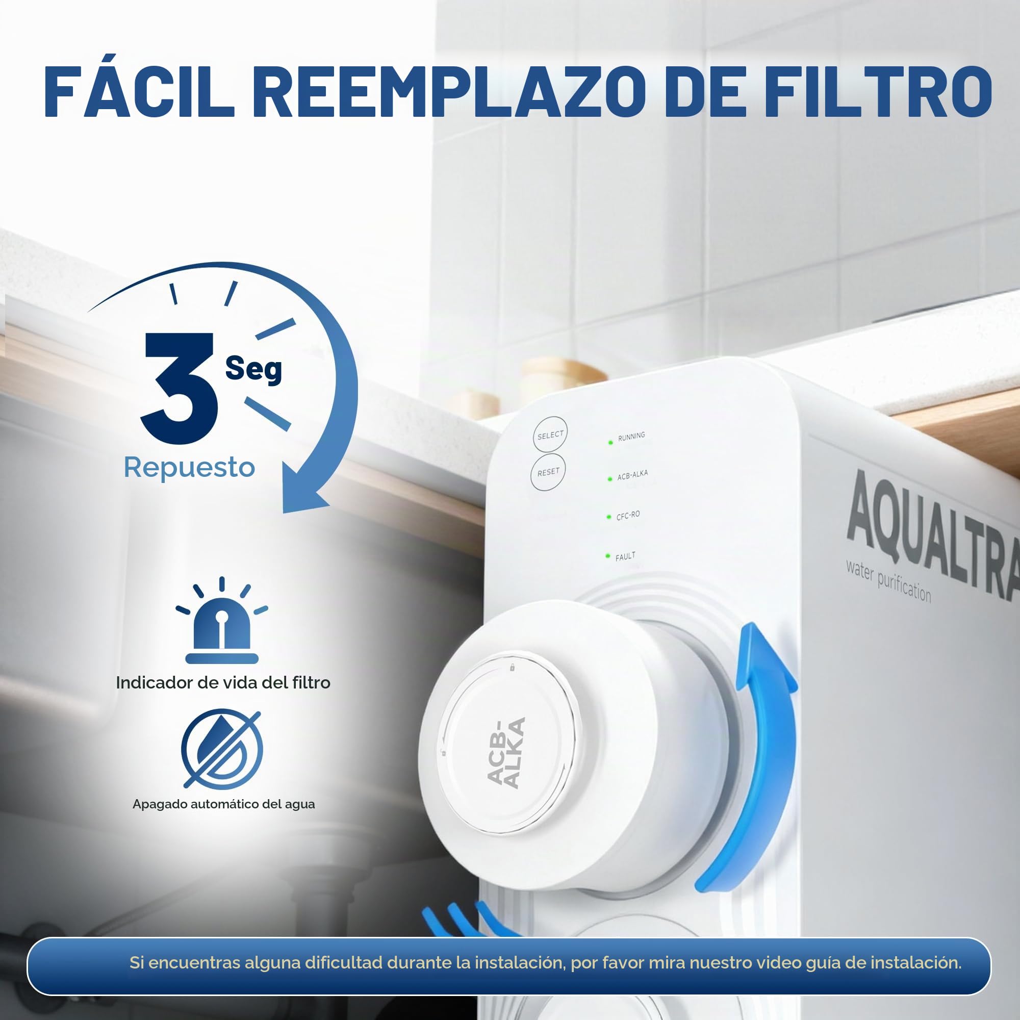 AQUALTRA USF-AR-1000 Sistema de ósmosis inversa debajo del fregadero, sistema RO alcalino sin depósito de 10 etapas, certificado NSF/ANSI/CAN 372, 1000 GPD, relación 3:1, grifo LED inteligente
