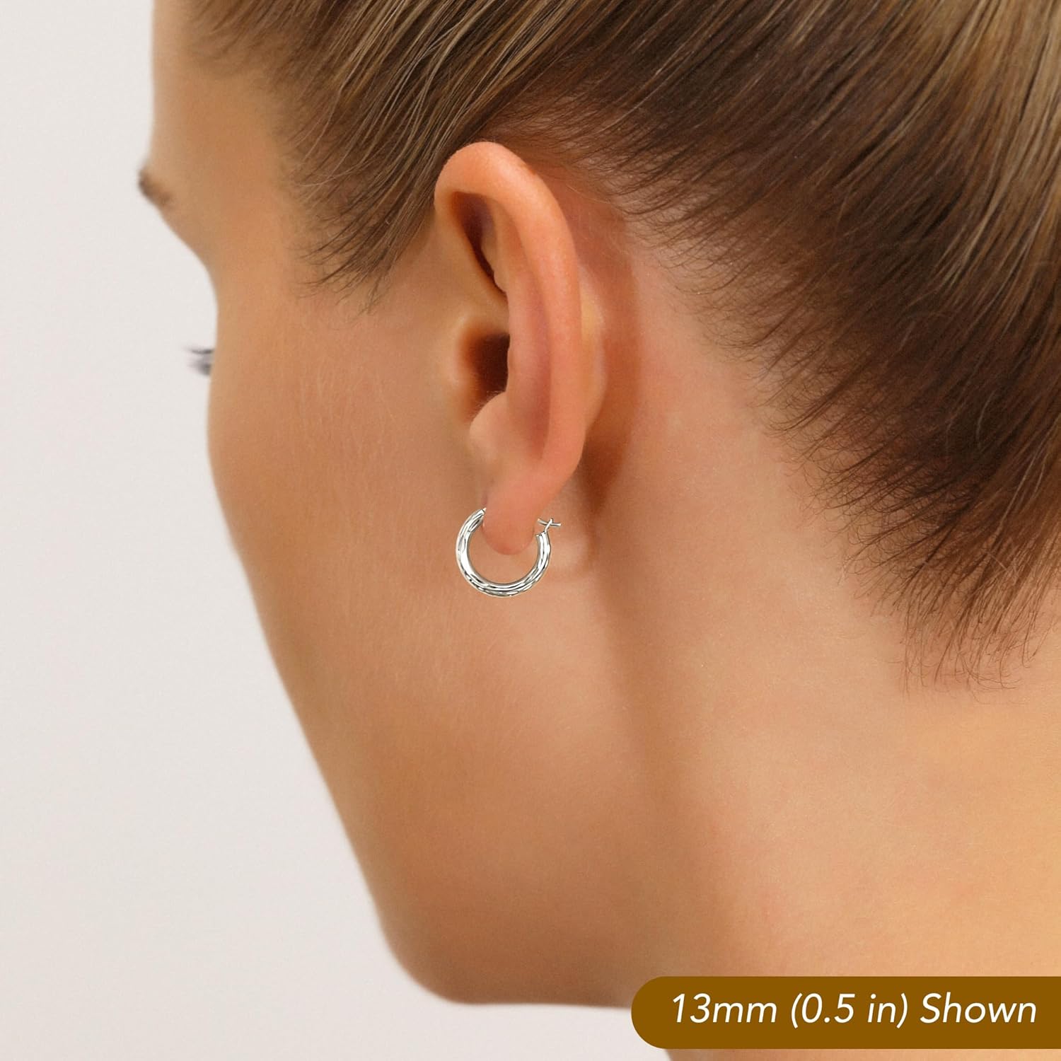 10K White Gold Hand Engraved Full Diamond-cut Round Hoop Earrings, Secure Latch Back Closure
