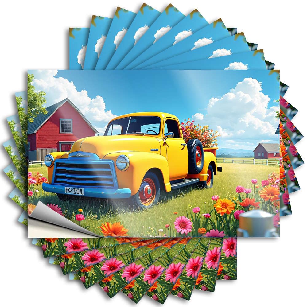 Fzfn Boys Colour Bath Sets Saying - Autumn Humor Window A Vintage Yellow Truck Is Parked In A Field Of Colorful Flowers(6X9cm)