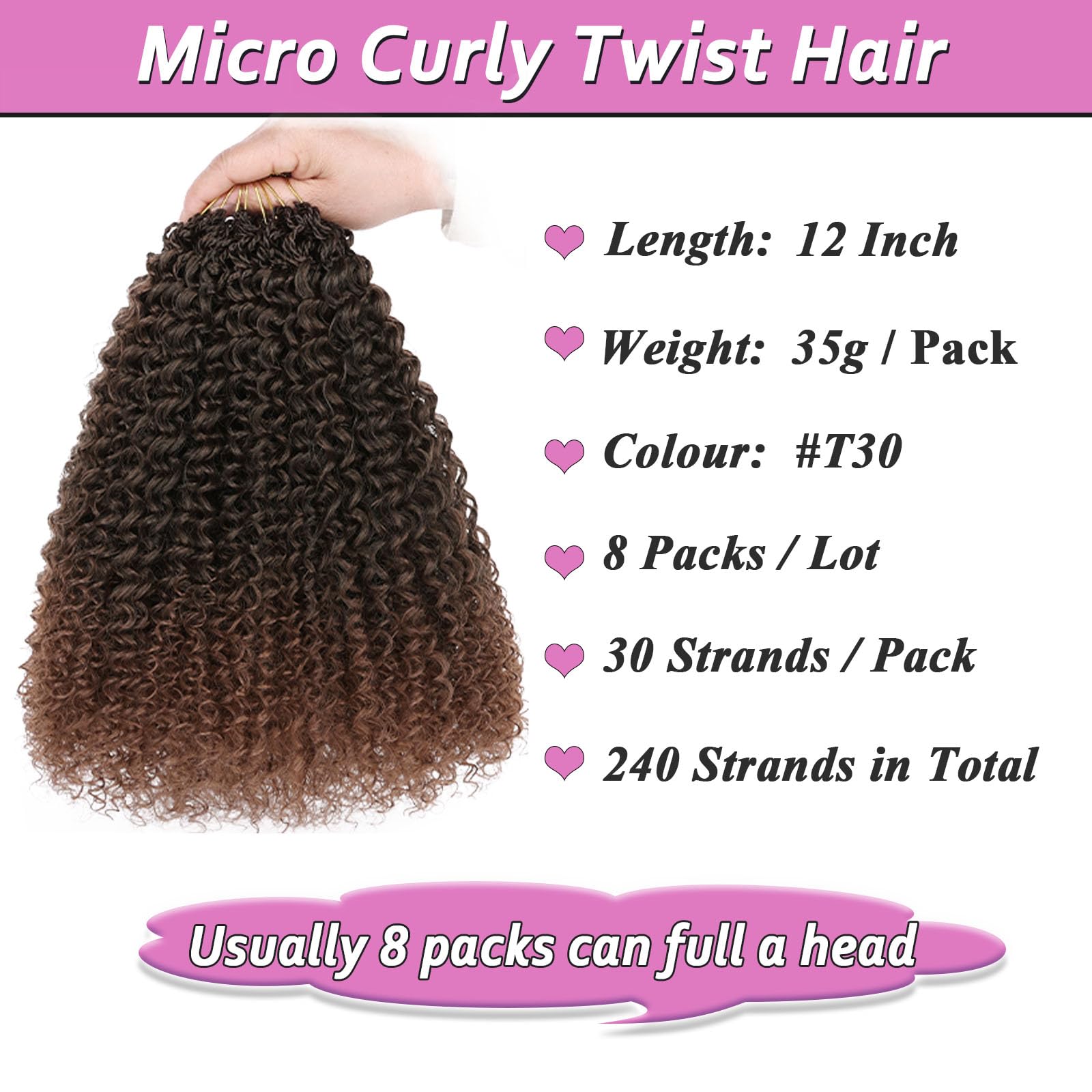 Samtress 12 Inch Pre Looped Micro Curly Twist Crochet Hair Synthetic 8 Packs Micro Twist Kinky Curly Crochet Hair for Black Women (#T30) - Image 2