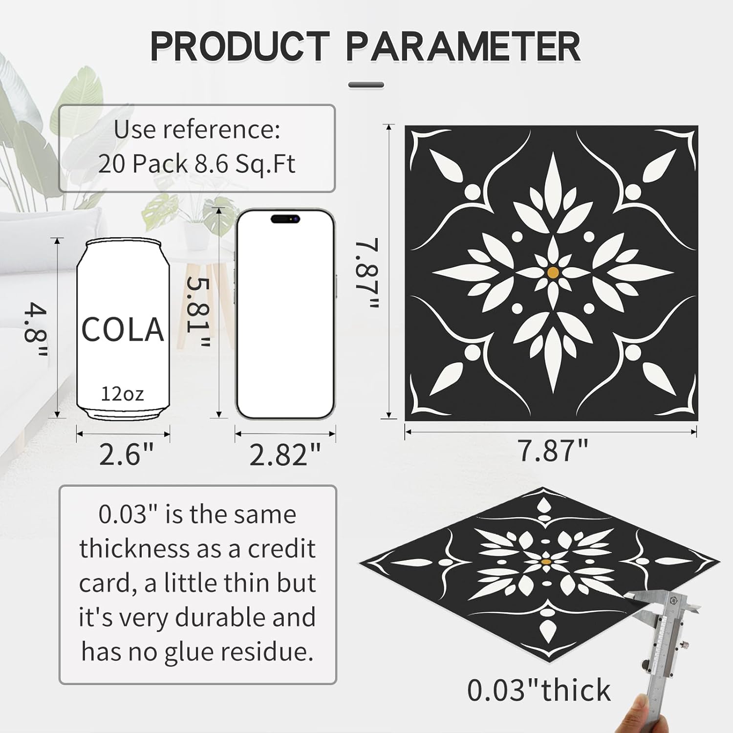 MORCART Peel and Stick Floor Tile - 20 PCS, 7.87" x 7.87" Vinyl Flooring - Waterproof Self-Adhesive Tile Sticker for Wall Backsplashes, Bathroom, Kitchen - Black Floral Look