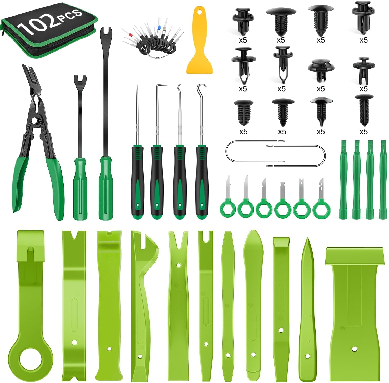 GOOACC 102Pcs Trim Removal Tool, Auto Push Pin Nylon Bumper Retainer Clip Set Fastener Terminal Remover Tool Round Handle Crowbar Kit Car/Radio Panel, Green