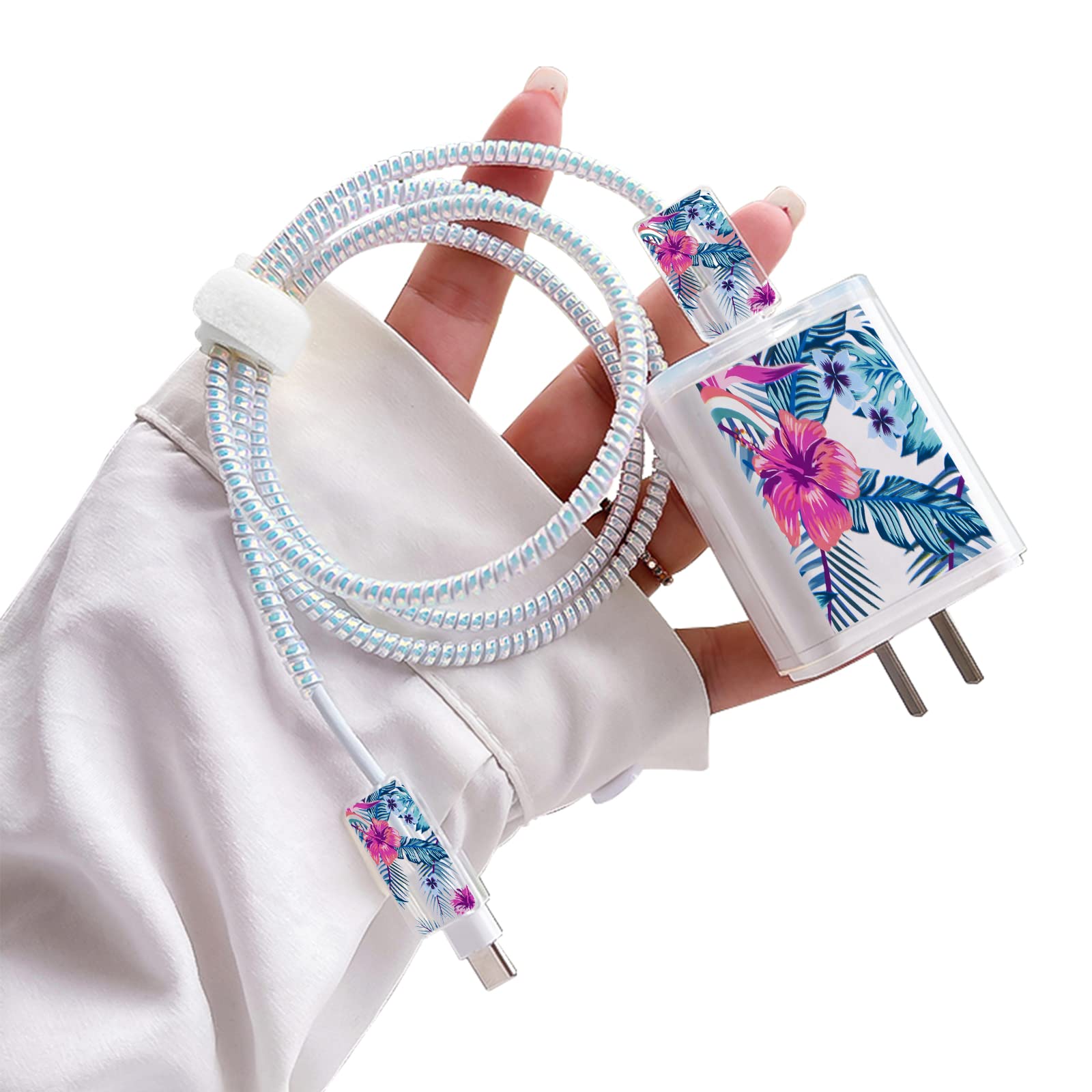 Cute Flowers DIY Protectors Cable Protector for iPhone Charger,Green Leaves Pattern,Data Cable Charger Data Line Earphone Wire Saver for iPhone X 13