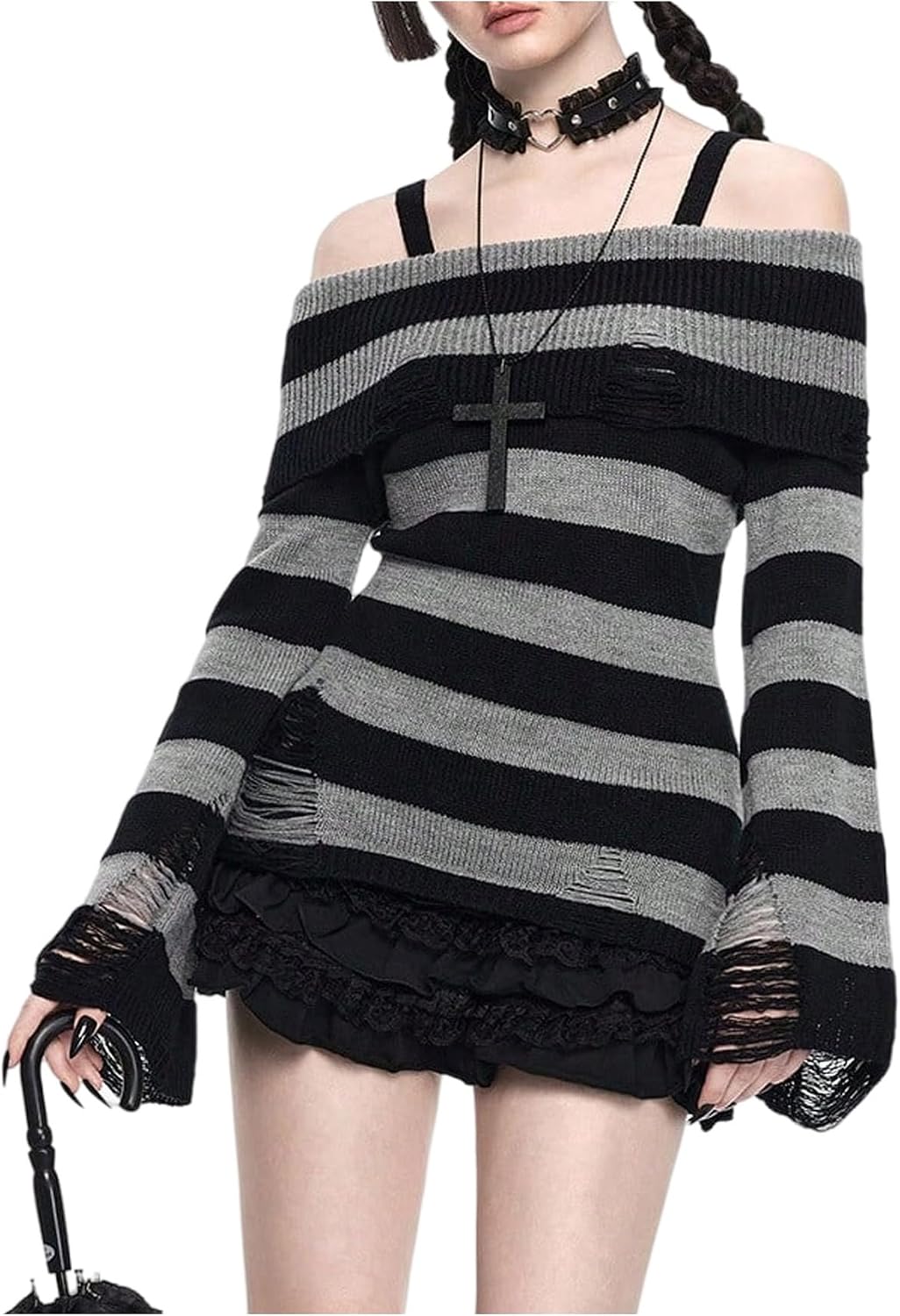 Floerns Women's Gothic Striped Sweater Tops Ripped Cold Shoulder Long Sleeve Punk Rock Going Out Tops