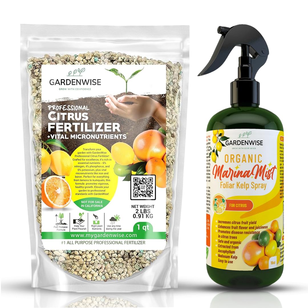 Professional Citrus Fertilizer & Organic Marina Mist Foliar Kelp Spray Bundle - Perfect Balanced NPK and Micro Nutrients for Indoor Outdoor Plants (1 Quart - 16oz)